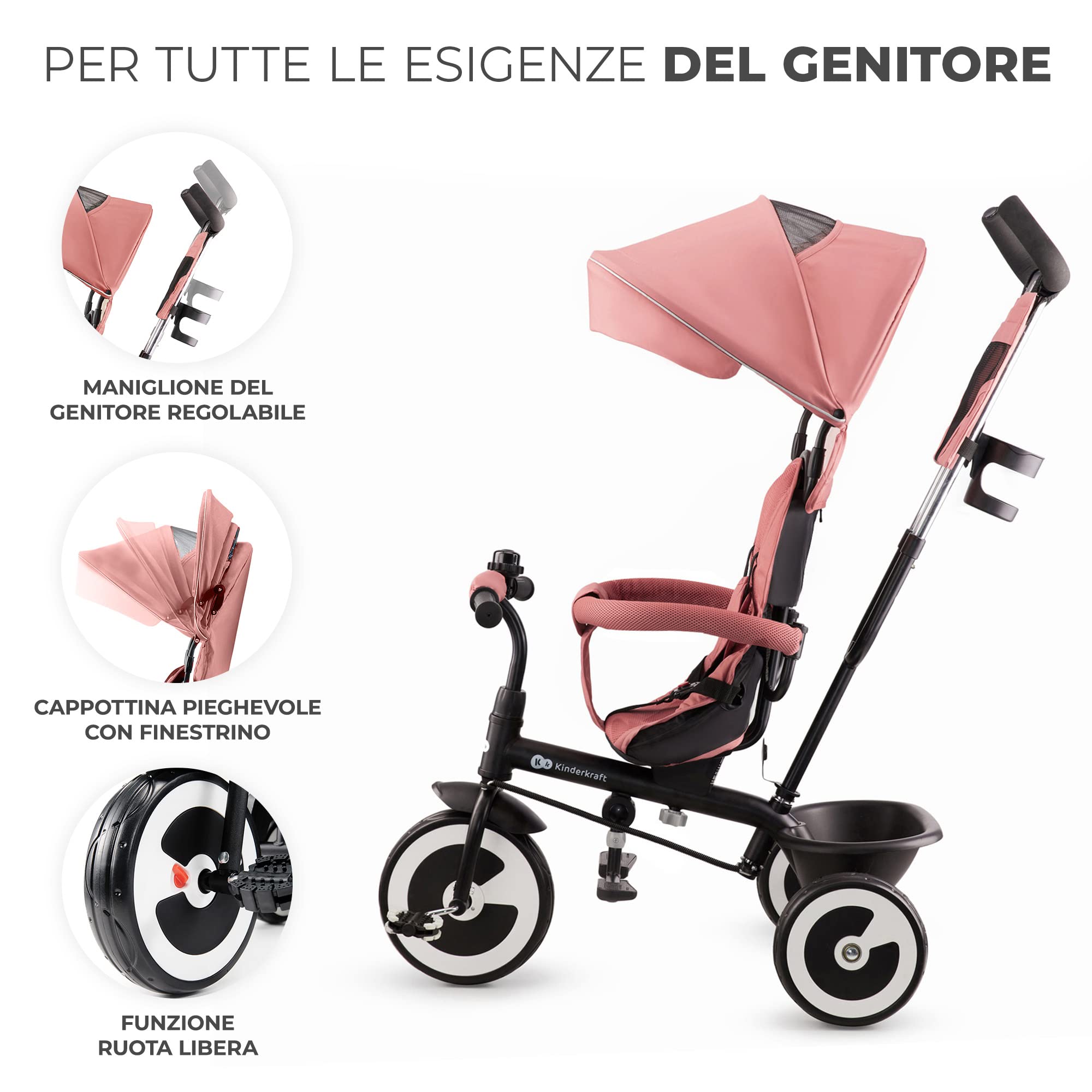 Kinderkraft ASTON Triciclo bambini dai 9 Mesi fino 25 kg, Passeggino con Maniglione regolabile, Bici, Sedile girevole Fronte Mamma e Strada, Cappottina pieghevole, Ruota libera, Rosa