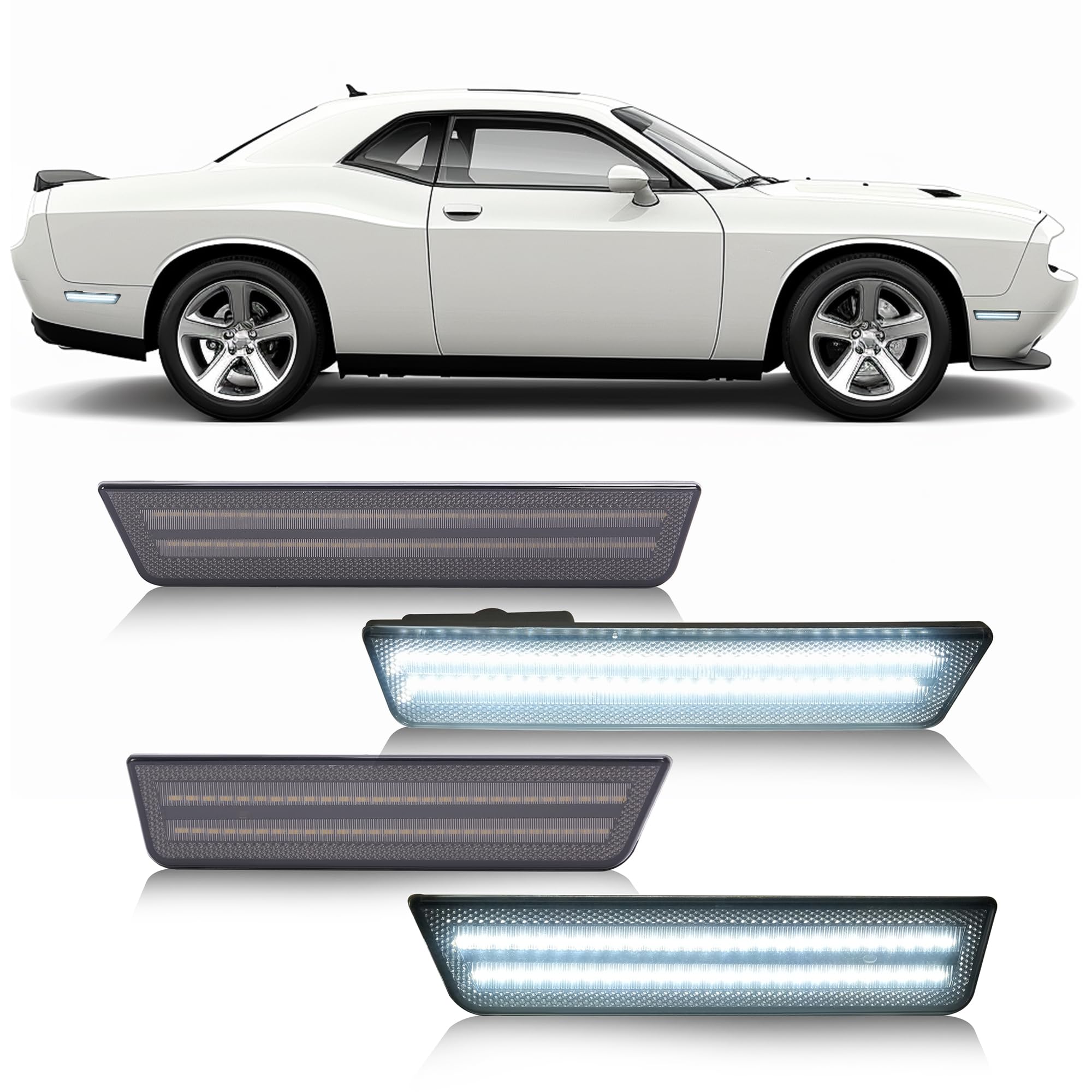 HECASA White LED Smoke Lens Side Marker Light Compatible with 2008-2014 Dodge Challenger Charger Front&Rear Bumper Signal Fender Parking Lamp