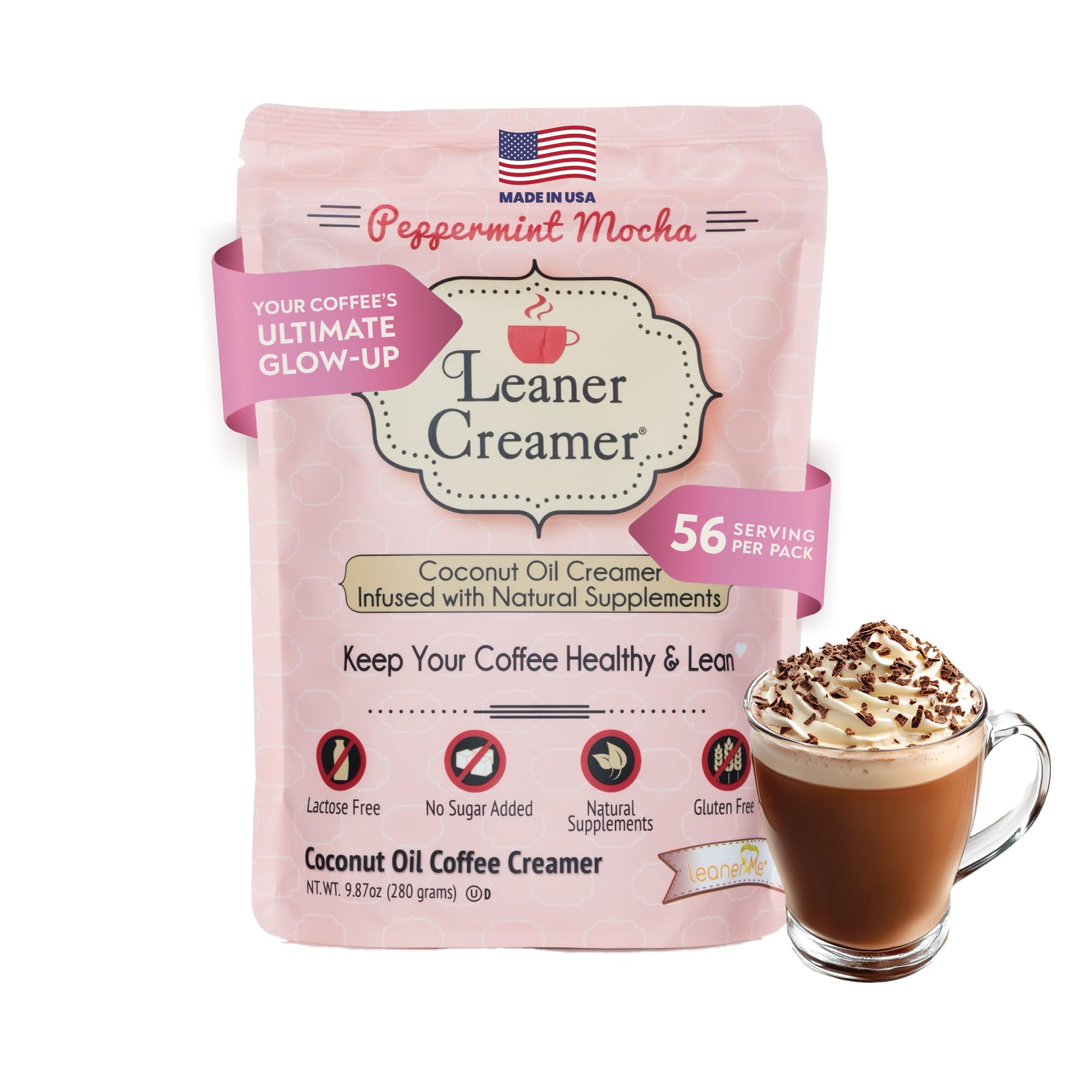 Leaner Creamer Non-Dairy Sugar Free Coffee Creamer Powder. Perfect Coconut Oil Non-Dairy Powder To Naturally Cream and Sweeten Coffee, Smoothies, Protein Shakes & More! Ideal Flavoring For All Diets 9.87 oz Pouch PEPPERMINT MOCHA