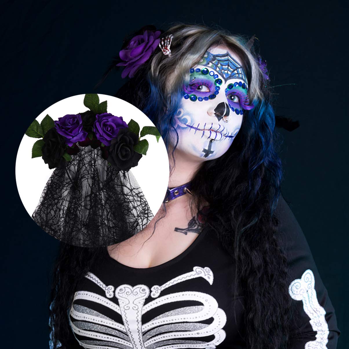 Bridal Veil Halloween Veil Headband Rose Flower Headband Halloween Spider Web Headpiece Floral Day of the Dead Headpiece Party Favor (Black) Makeup Hairband - Image 3