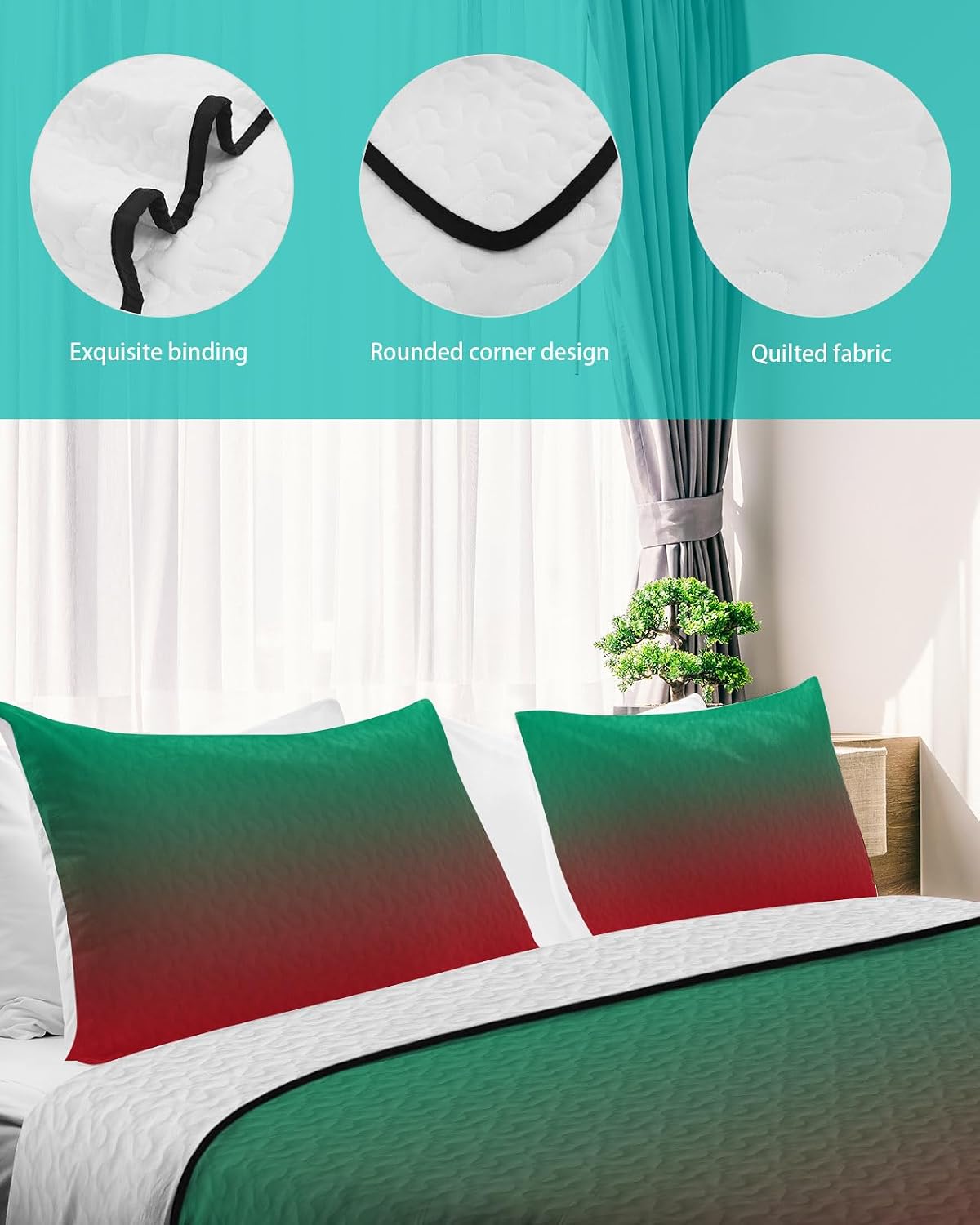 King Size Quilt Set, Red to Green Shadow Lightweight Bedspread Coverlet Set Soft Microfiber Summer Quilt with 2 Pillow Shams, Gradient Watercolor Art 3 Piece Comforter Bedding Set