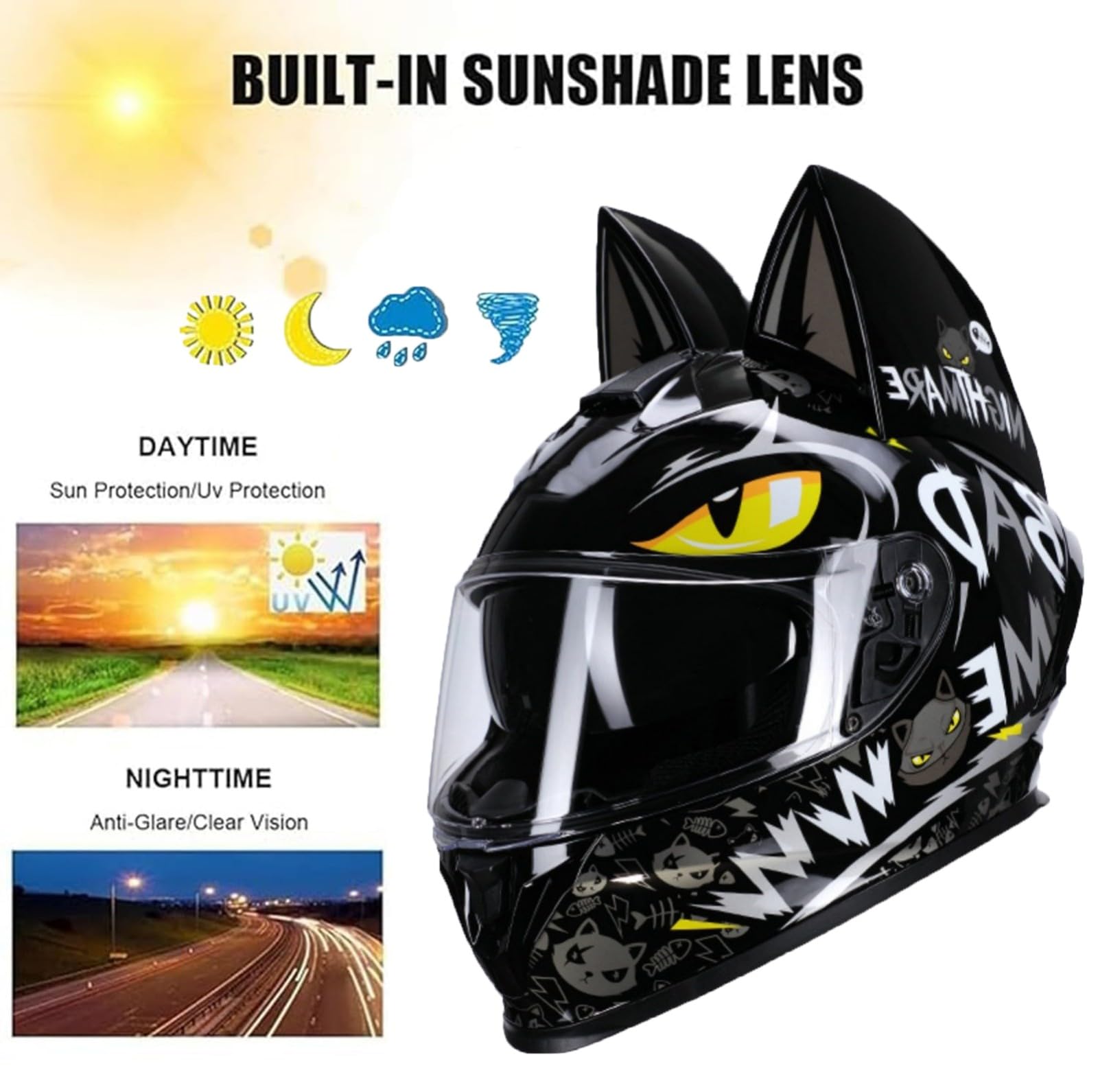 Kask motocyklowy z kocimi uszami, damski kask motocyklowy z podwójną wizjerem, uniwersalny całoroczny, certyfikat ECE 2205