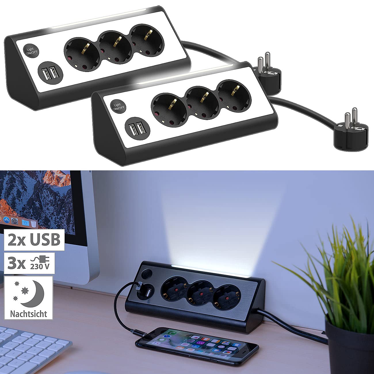 revolt Steckdosenverteiler: 2er-Set 3-Fach-Eck-Steckdosenleiste mit 2 USB-Lade-Ports & Nachtlicht (Steckdosenblock, Eck-Steckdose, Apple iPhone Ladekabel)