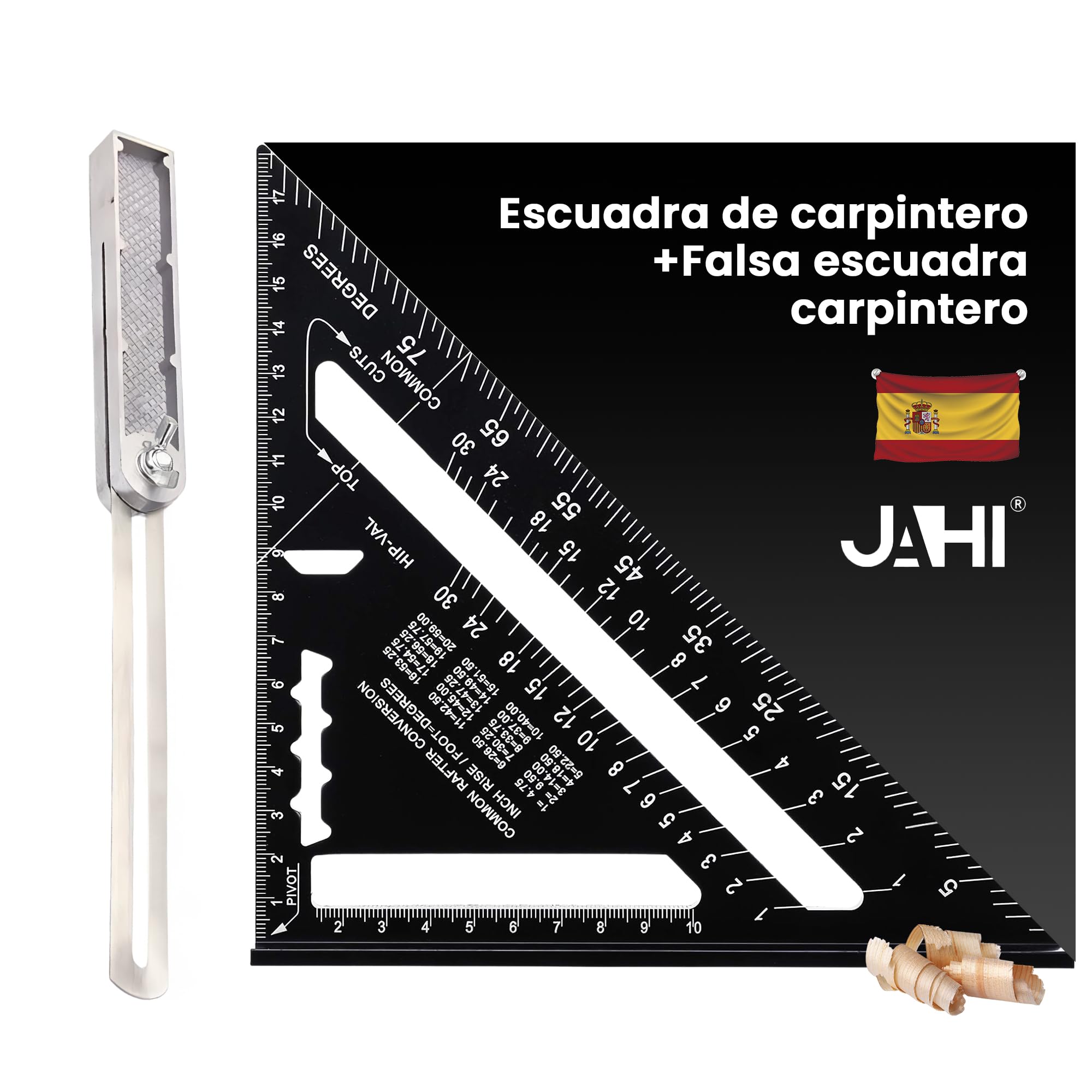 JAHI® Escuadra Carpintero Profesional 180 mm + Falsa Escuadra 250mm Herramientas bricolaje madera Regla metálica