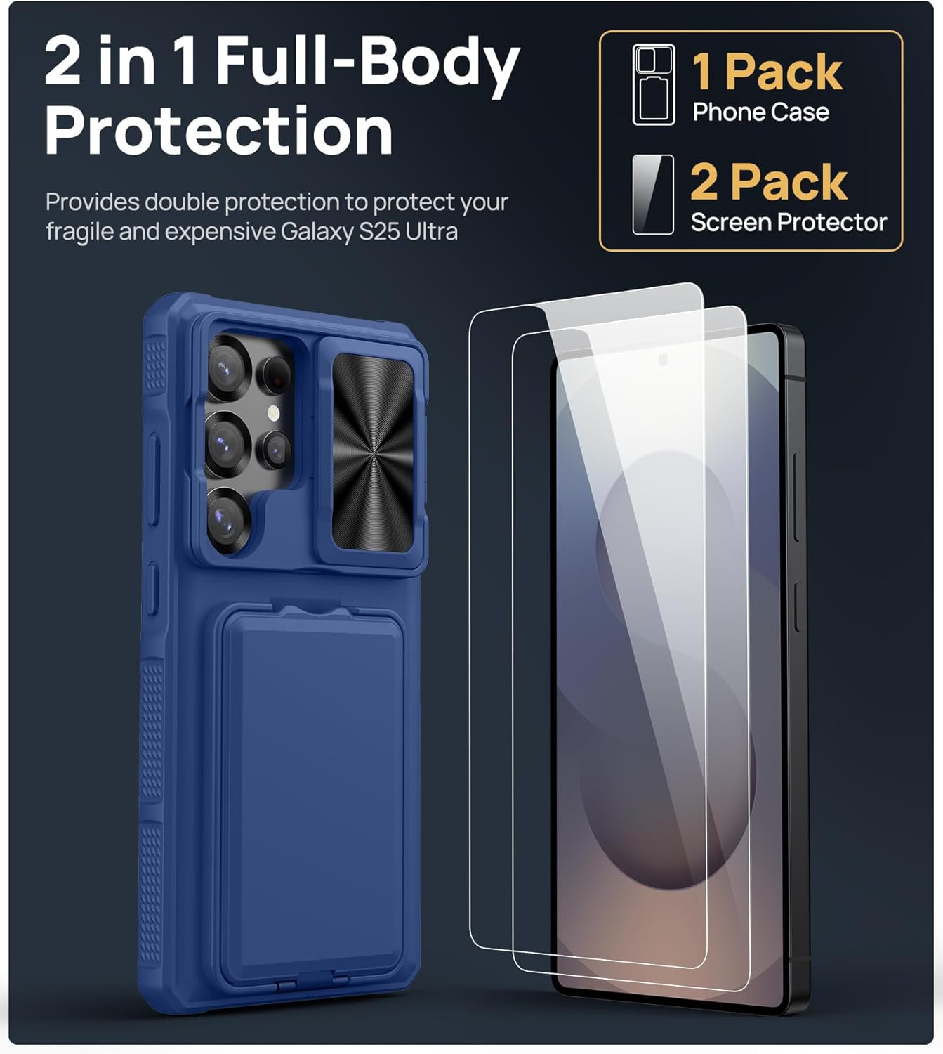SSLOTSCASE for Samsung Galaxy S25 Ultra Case with 2X Screen Protector, Stand & Credit Card Holder & Sliding Camera Cover, Full-Body Drop Proof Silicone Edge Protective Cover for S25 Ultra, Blue