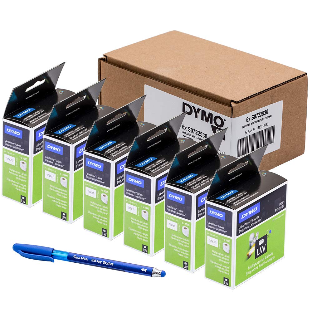6 x Dymo S0722530 LabelWriter Universal-Etiketten, 11353, selbstklebend, 13 x 25 mm, Rolle mit 1000 Stück - Druck schwarz auf weiß + PAPERMATE Geschenkstift