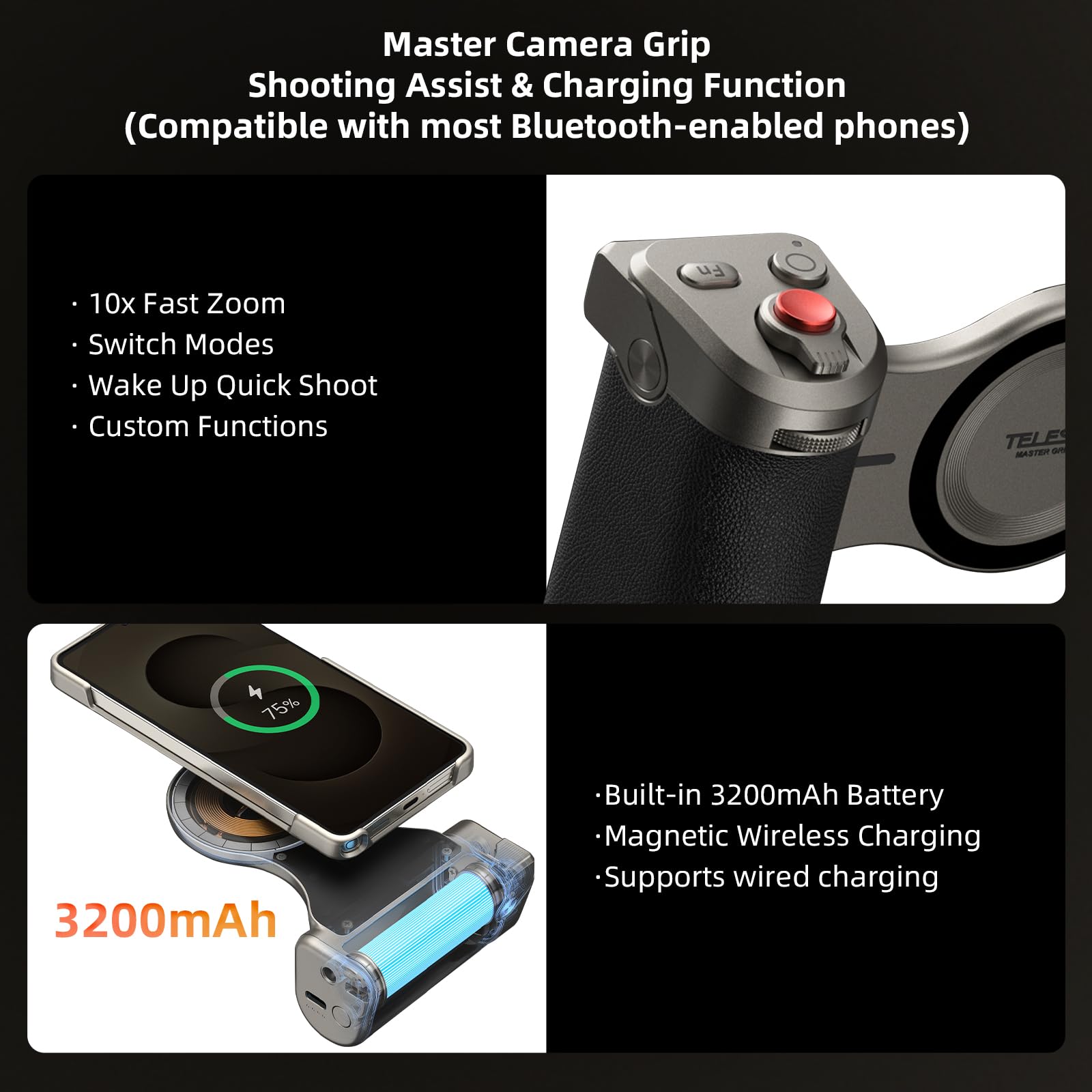 Master Grip Kit per Samsung Galaxy S26 Ultra, Fun Shot S26 Phone Grip, batteria integrata da 3200 mAh, ricarica wireless, con custodia per cellulare in grafene DSLR, supporto Pro Shot Imaging Grip