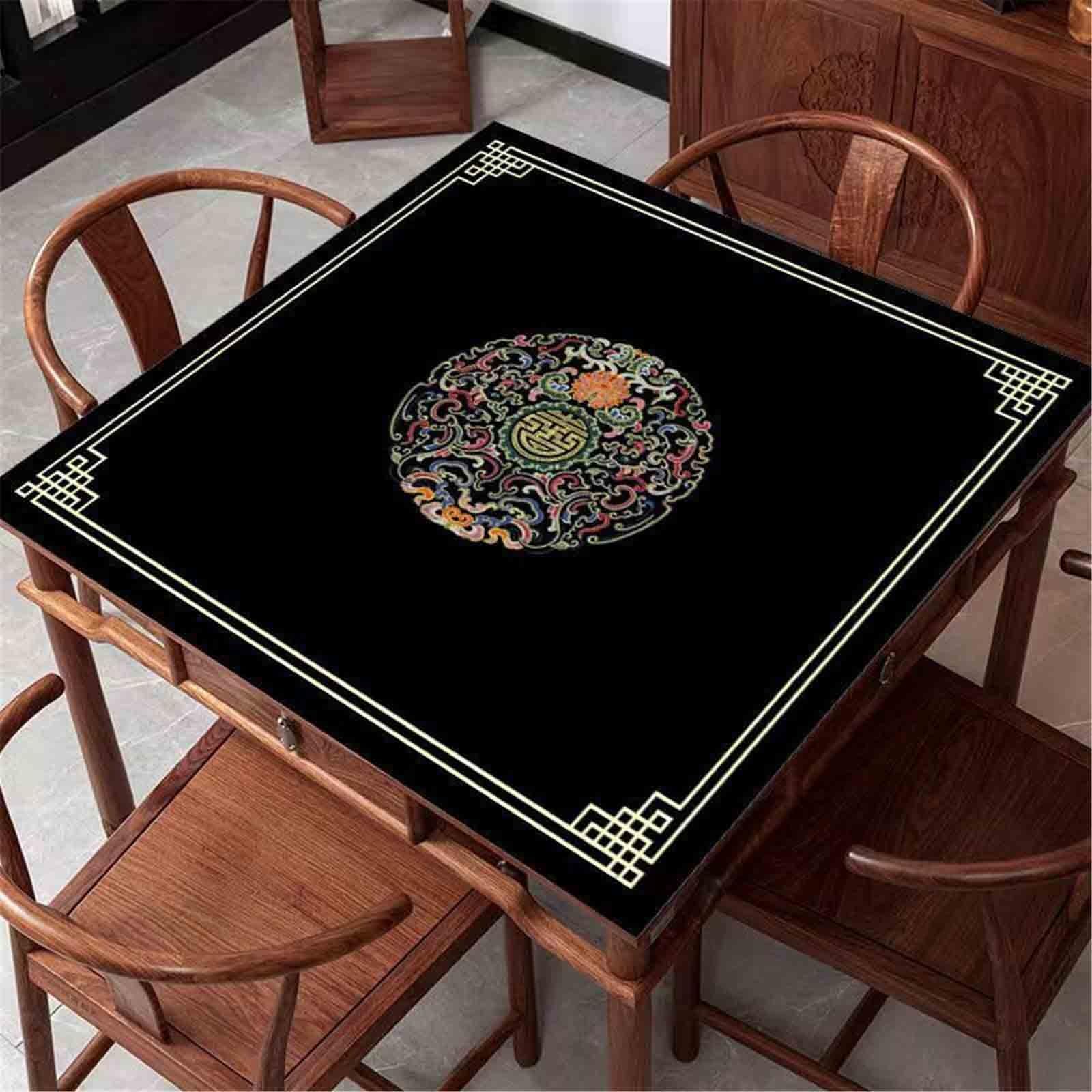 Salon Obrus Do Mahjonga Antypoślizgowa Mata Do Gry W Mahjonga Kryształowy Aksamit Cicha Mata Mahjong Chiński Styl Do Herbaciarni Gry Z Płytkami(140x140cm,Black)