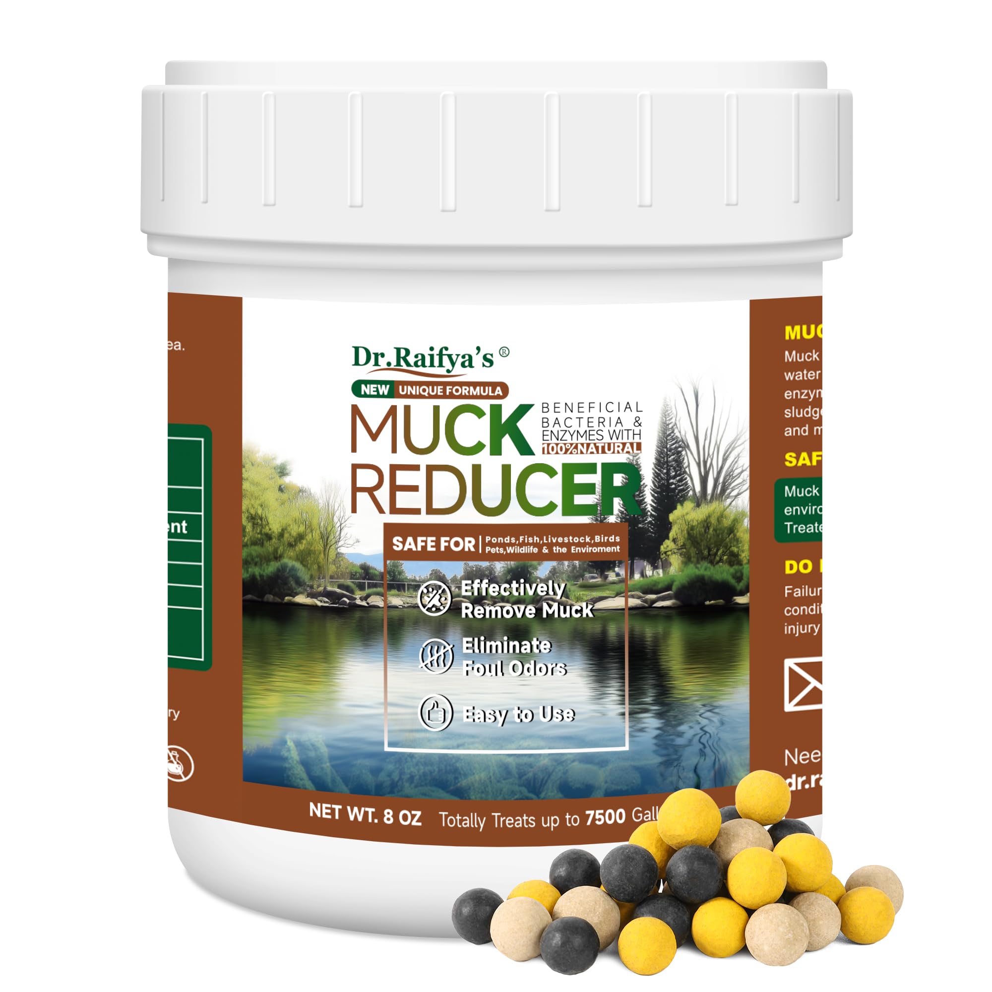 Dr.Raifya's Muck Reducer - 8 OZ - Natural Pond Sludge Solution, Effectively Removes Muck in Koi Pond, Bird Baths, Fountains & Turtle Ponds, Beneficial