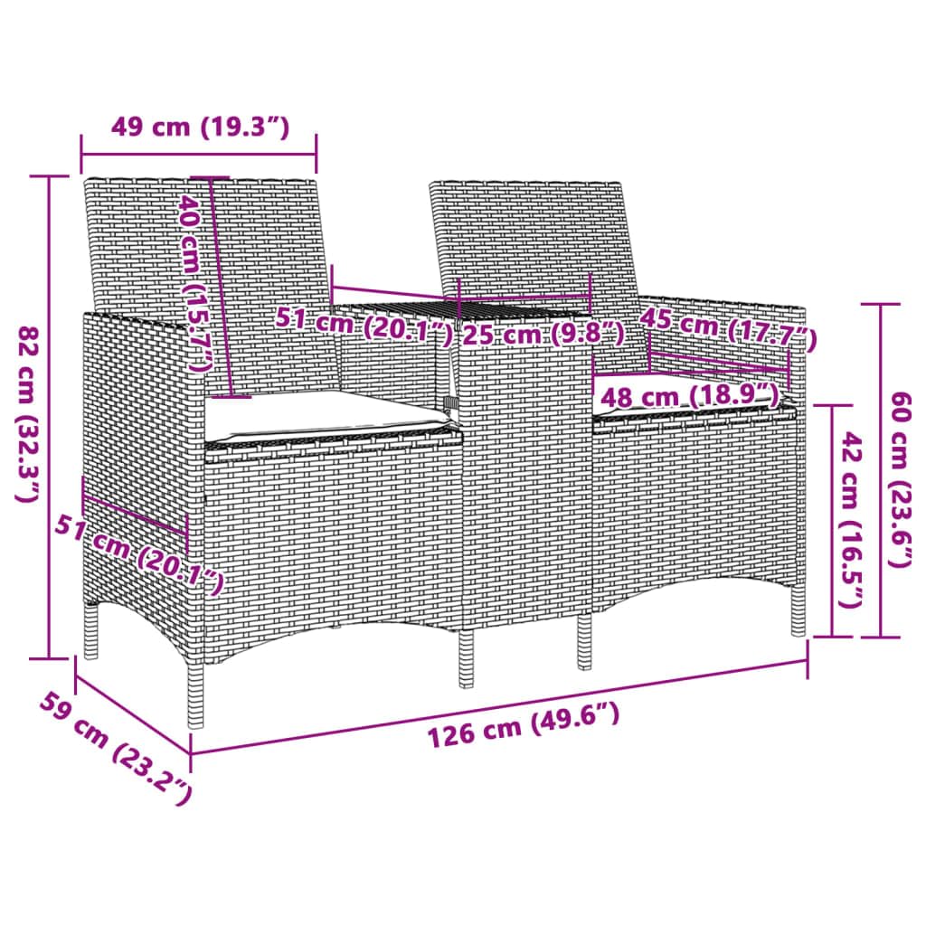 Gartensofa 2-Sitzer mit integriertem Tisch Poly Rattan Gartenbank mit Kissen Lounge-Doppelsofa für Balkon Terrasse und Garten Schwarz 126x59x82 cm