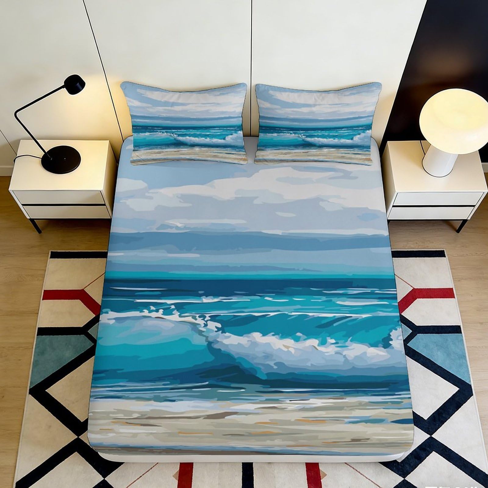 3D Printed Ocean Wave Fitted Sheet Microfiber Soft Breathable Seascape Bed Cover for Bedroom Dormitory Guest Room Mattress Protection Decor 120x200x25cm