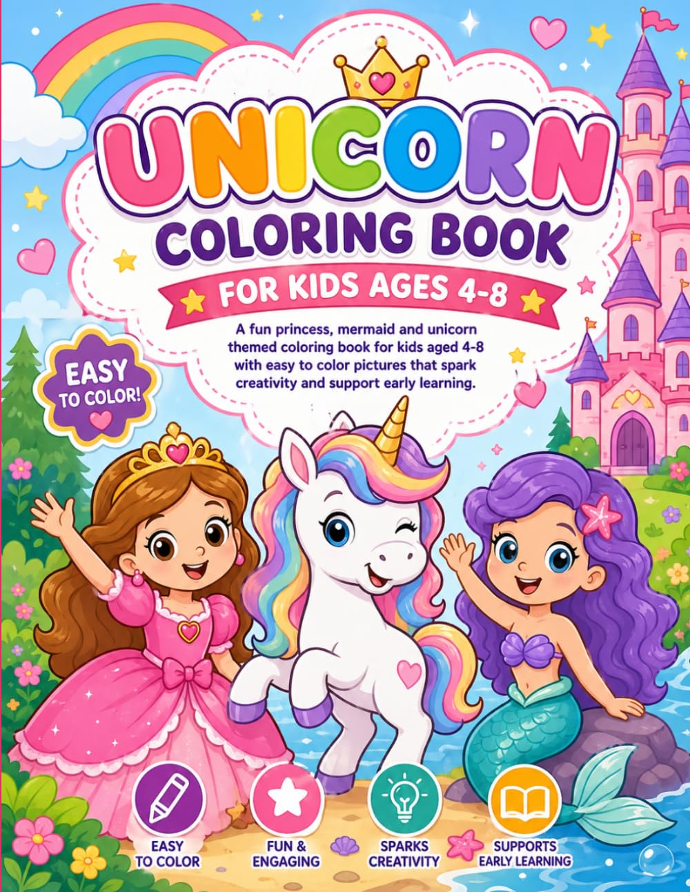 Unicorn Coloring Book for kids Ages 4-8: Cute & Magical Unicorns , Princess and Mermaid for Girls - Fun, Easy and Relaxing Coloring Pages for Creativity, Imagination & Stress Relief