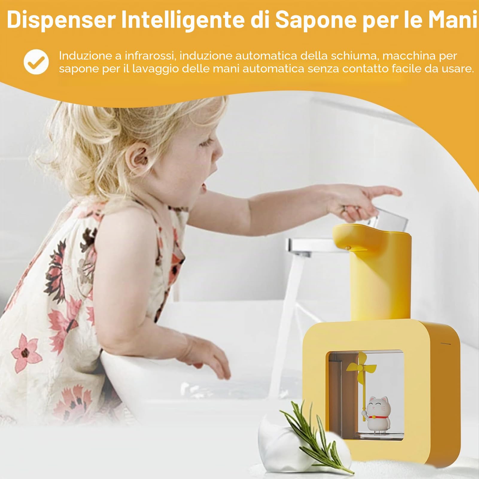 Dispenser Automatico di Sapone, 400 Ml Dispenser di Sapone Senza Contatto Schiumogeno Carino Dispenser di Sapone Per Mani Impermeabile Per Bambini Per La Scuola del Bagno di Casa(Giallo)