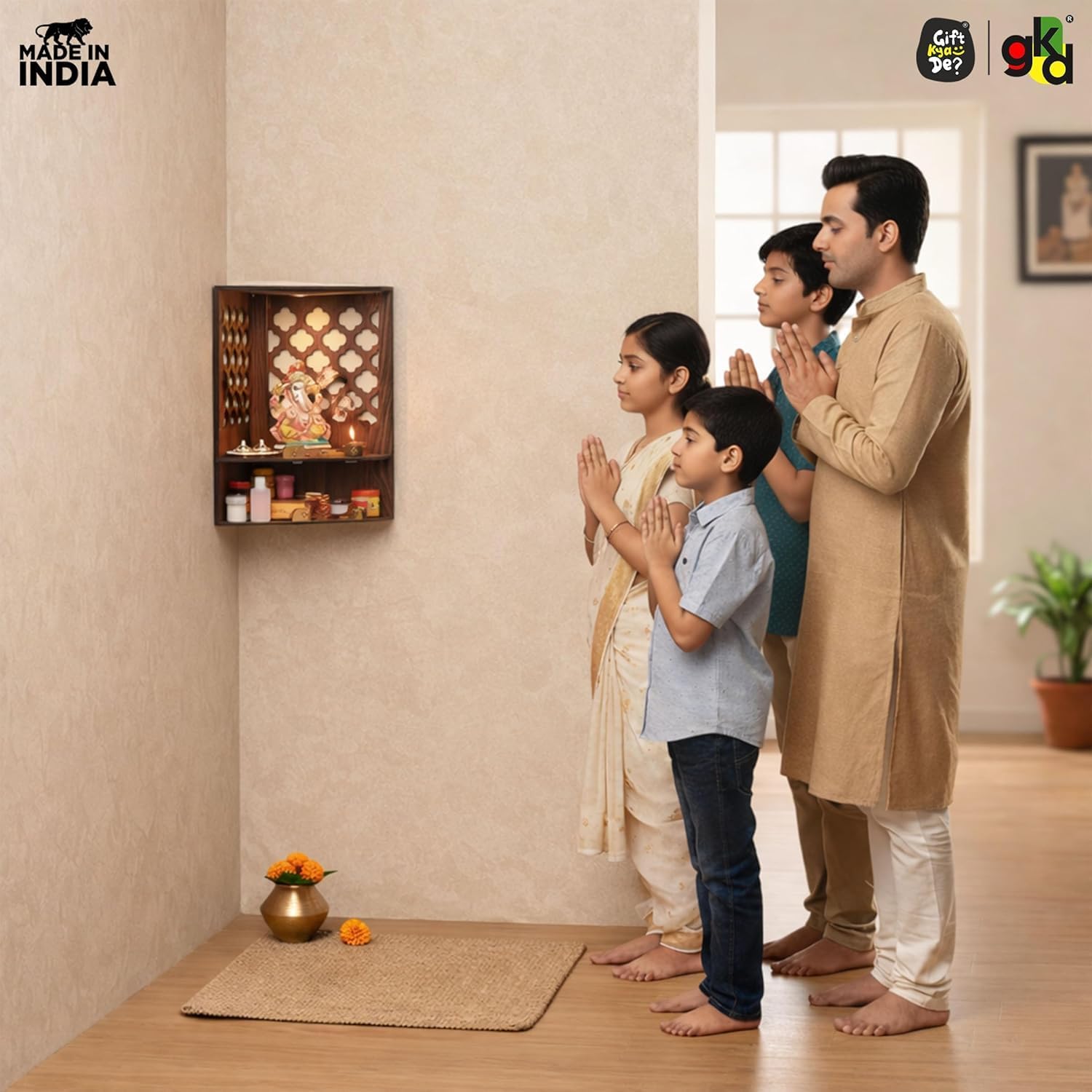 Wooden Temple Store presents Wooden Corner Pooja Mandir for Home & Office | Wall Mounted Pooja Stand with LED Light | GKD Compact Temple for Wall Corner for Desk (17 x 10 x15 Inch)