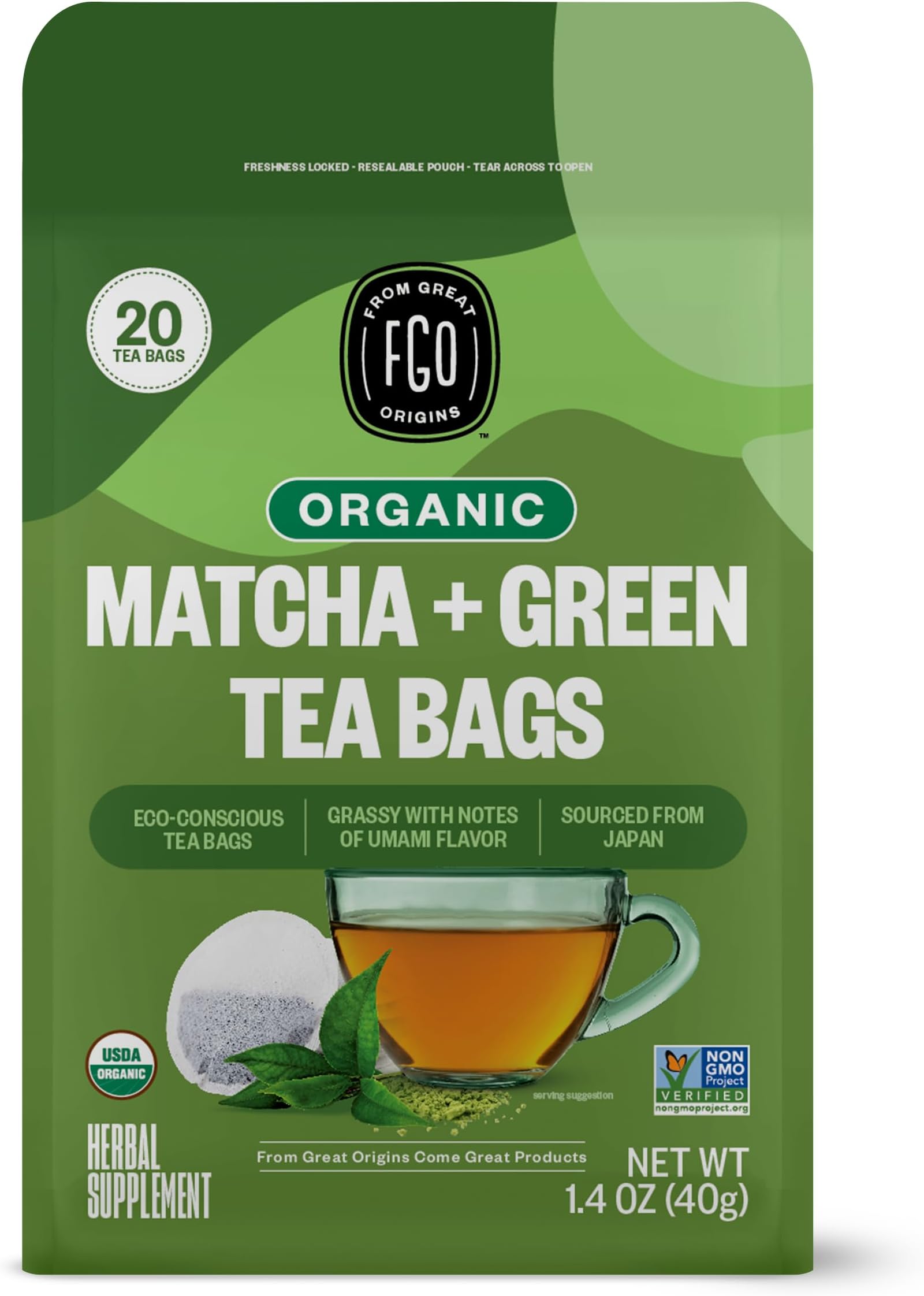FGO Organic Japanese Matcha + Green Tea, 20 Count, Eco-Conscious Tea Bags, Resealable Bag, Packaging May Vary (Pack of 1)