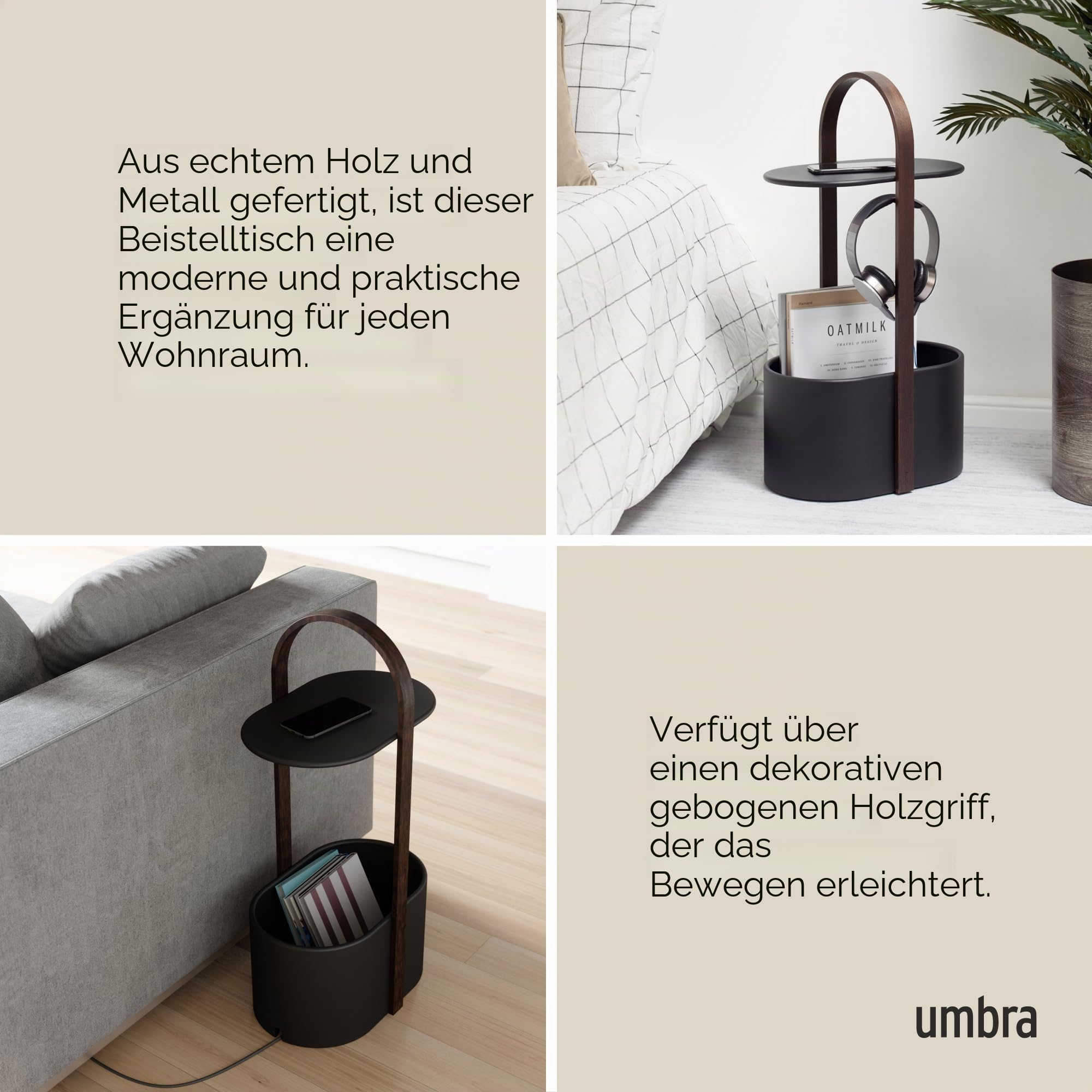 Umbra Bellwood Beistelltisch – mit Stauraum, Ablagefläche und Kabelmanagement, Stahl/Bugholz, Schwarz/Walnuss