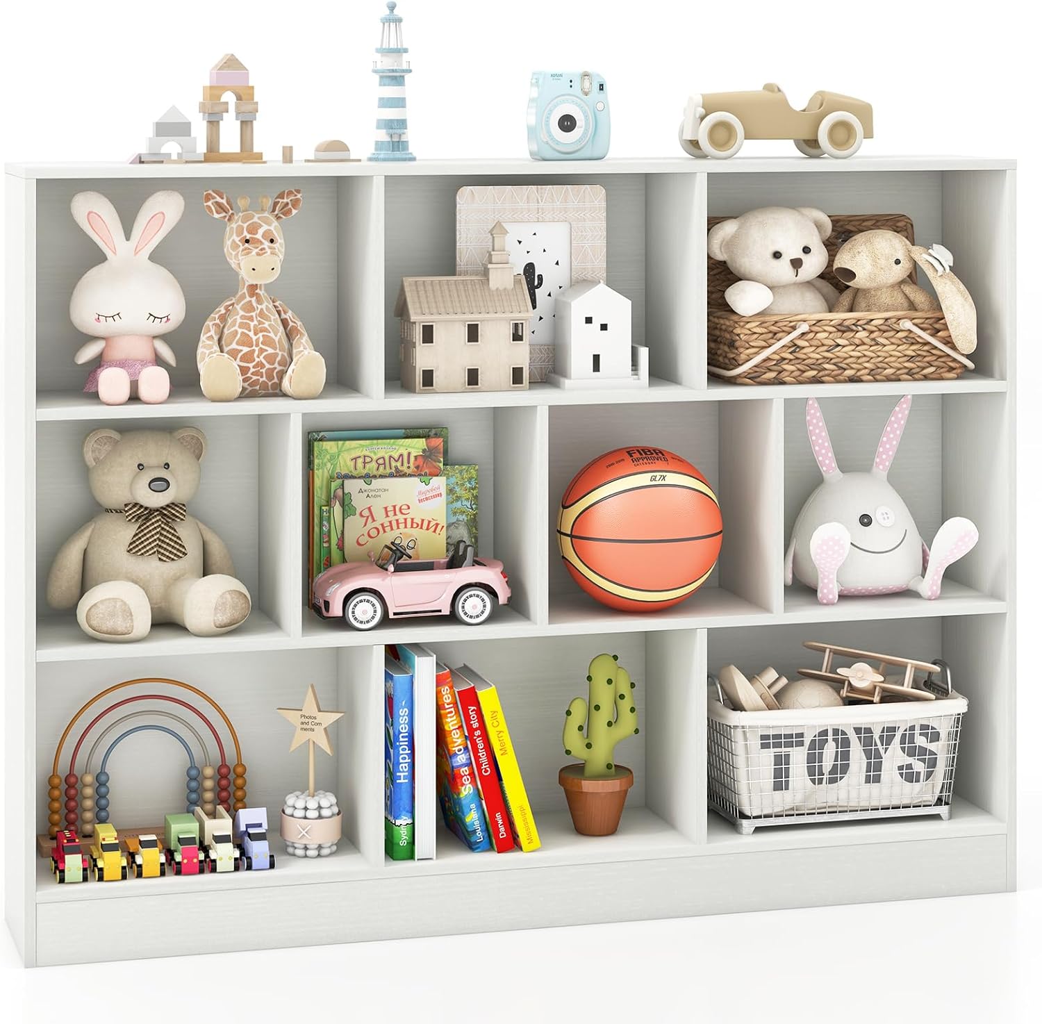 Costzon 10-Cube Bookshelf for Kids, Wooden Toy Storage Organizer w 2 Anti-Toppling Kits, 3 Tier Open Shelves & Non-Slip Foot Pads, Montessori Toy