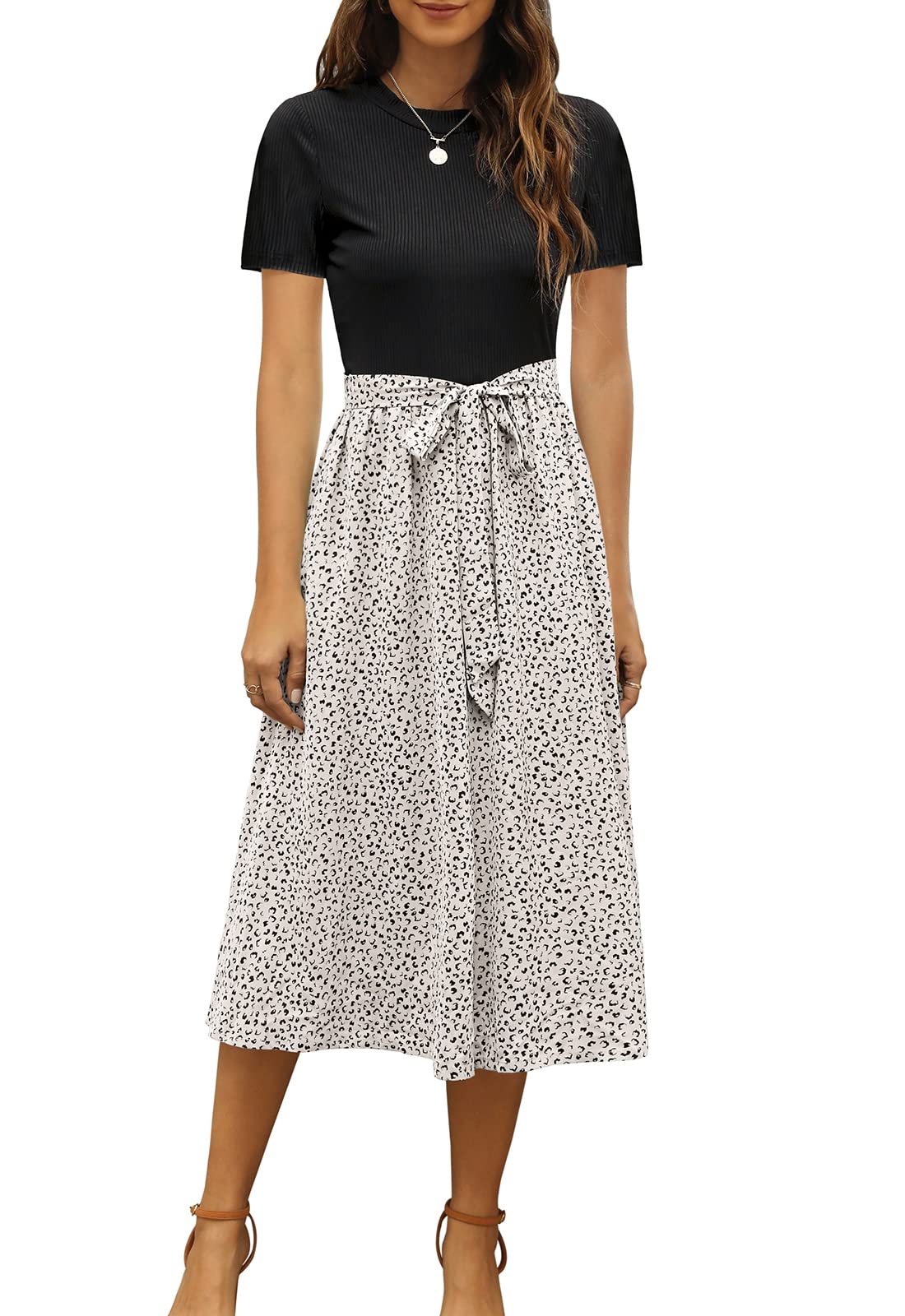 ZattcasWomen 2025 Summer Dress Short Sleeve Ribbed Teacher Church Modest Business Casual Work Outfits Midi Dress