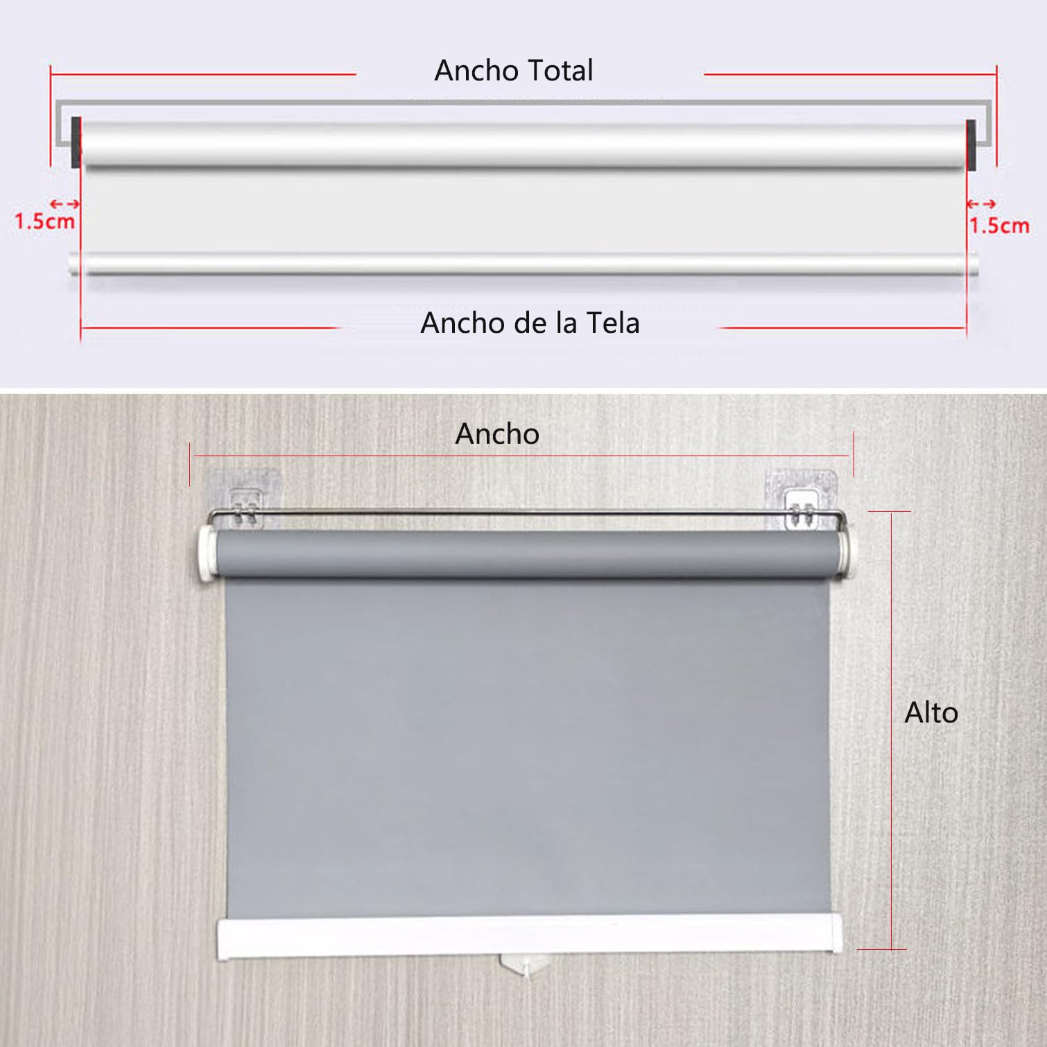 Estor Enrollable con Sistema de Muelles,Persiana Opaco para Ventanas,Sin Taladrar Cortinas Retráctiles,Parasol,Privacidad,para Baños,Oficina y Terrazas,Ancho x Alto (75cm x 150cm,Gray)
