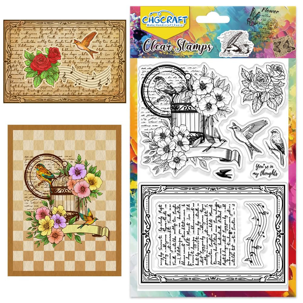 CHGCRAFT Retro Flower Clear Stamps Bird Text Background Transparent Silicone Stamps for Card Making Silicone Clear Stamp Seals for Cards Stamps Making DIY Scrapbooking Photo Journal Album