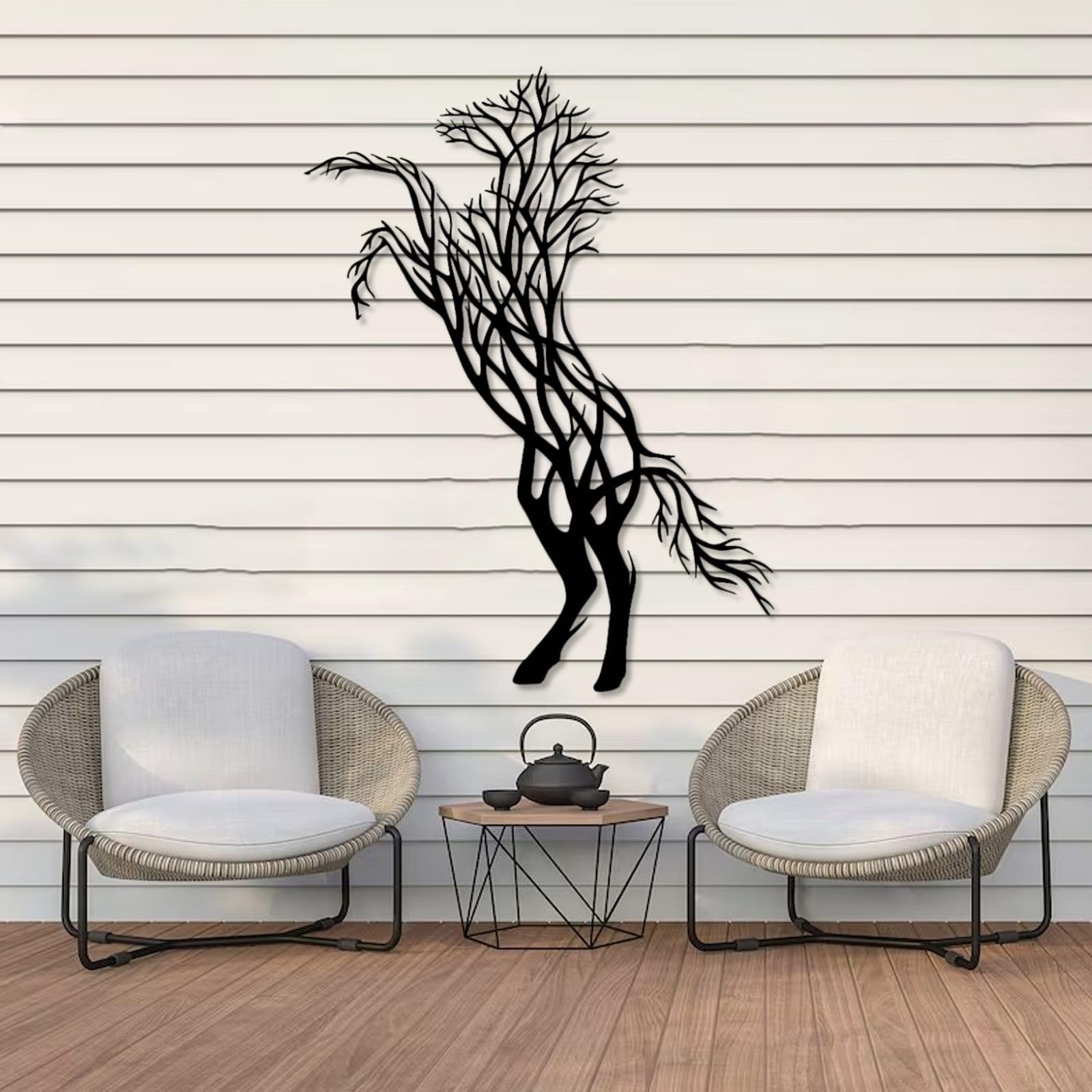 Cavallo e albero - Decorazione da parete in metallo, stile moderno