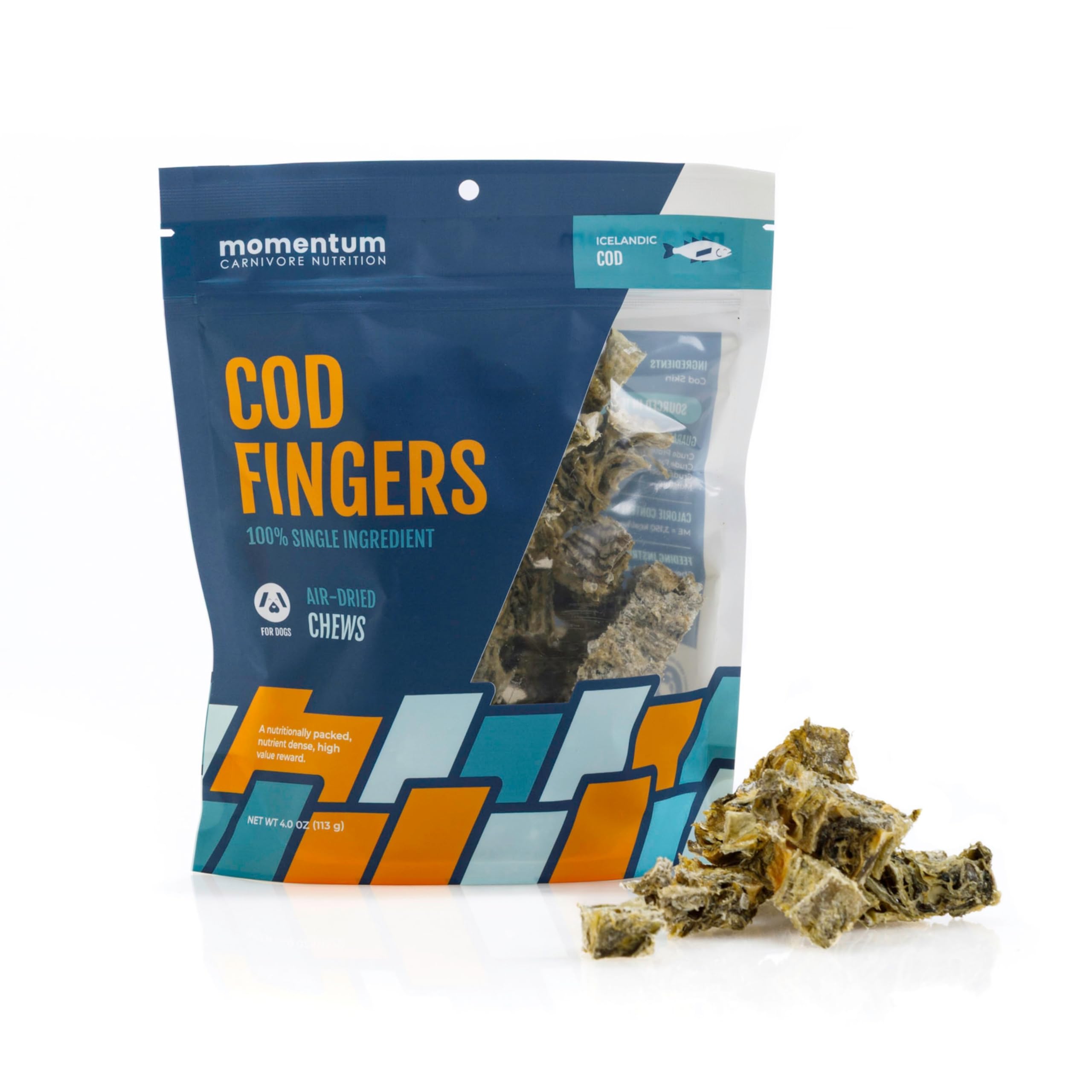 - Momentum Carnivore Nutrition Cod Fingers Dog Treats – Single Ingredient Icelandic Cod Skin – Natural Dental Support, High-Protein Fish Chews– Healthy Dog & Cat Treats – 4 oz Bag