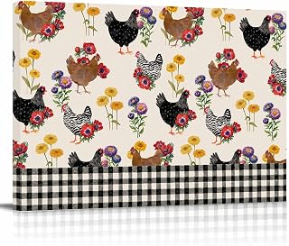 Prime Leader Beige Farm Chicken Canvas Wall Art - Farmhouse Rooster Flower Leaf Black Buffalo Plaid - Modern Wall Decor Gallery Canvas Wraps Giclee Print Stretched and Framed Ready to Hang - 8" x 12"
