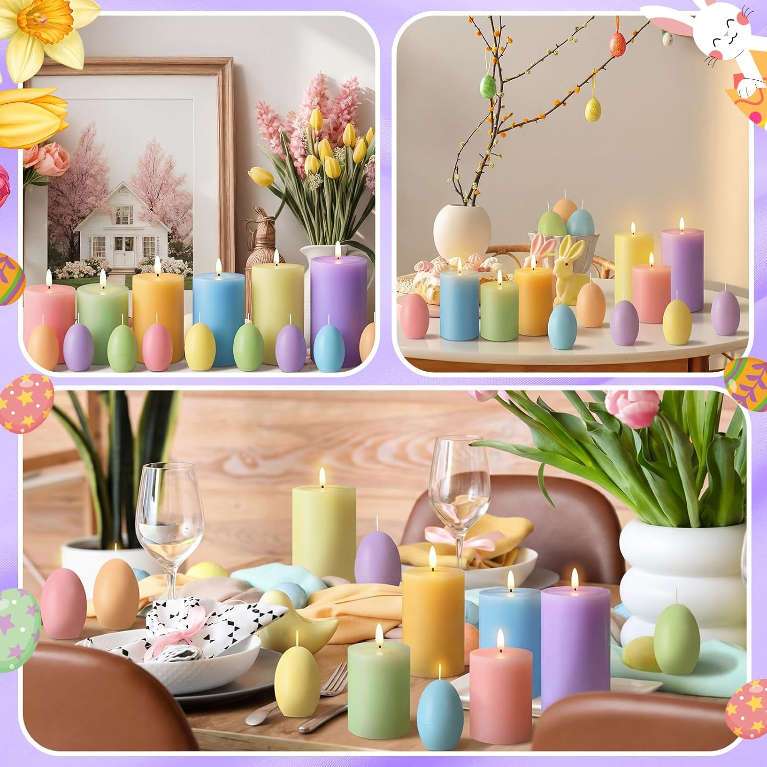 VIHOSE 18 Pcs Easter Candles Set Include LED Flameless Pillar Pastel Tealights and Colored Egg Votive Candles for Easter Party Home Decoration Supplies