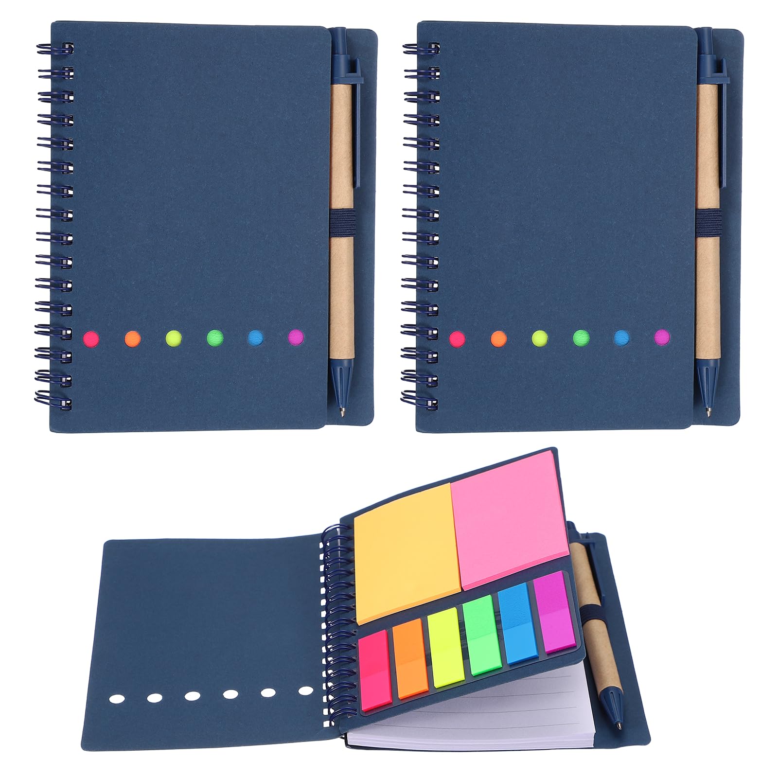 PATIKIL 2 Pack Spiral Notebooks with Sticky Notes Pen, 4.7x5.8 Lined Notepads Small Pocket Notebooks with Pen, 2 Colors Sticky Notes, 6 Colors Index Tabs for Business Office, Blue