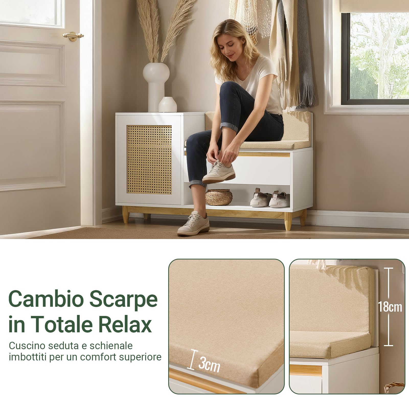 SoBuy Scarpiera Panca Ingresso con Seduta Imbottita – Panca Contenitore Salvaspazio con Ante a Reticolo – Porta Scarpe per Camera da Letto o Corridoio – Bianco 100x35x60cm, 150kg – FSR128-W