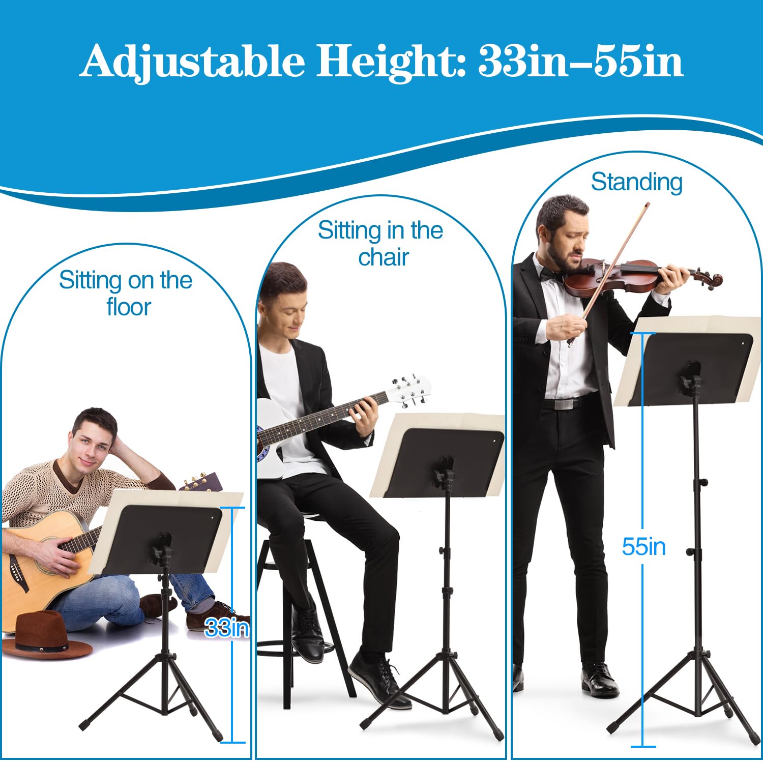 Notenständer, verstellbarer Notenständer für Notenblätter, tragbar, zusammenklappbar, mit Tragetasche, Clip-Halter für Gitarre, Ukulele, Violinenspieler (Standardversion, 2 Stück)