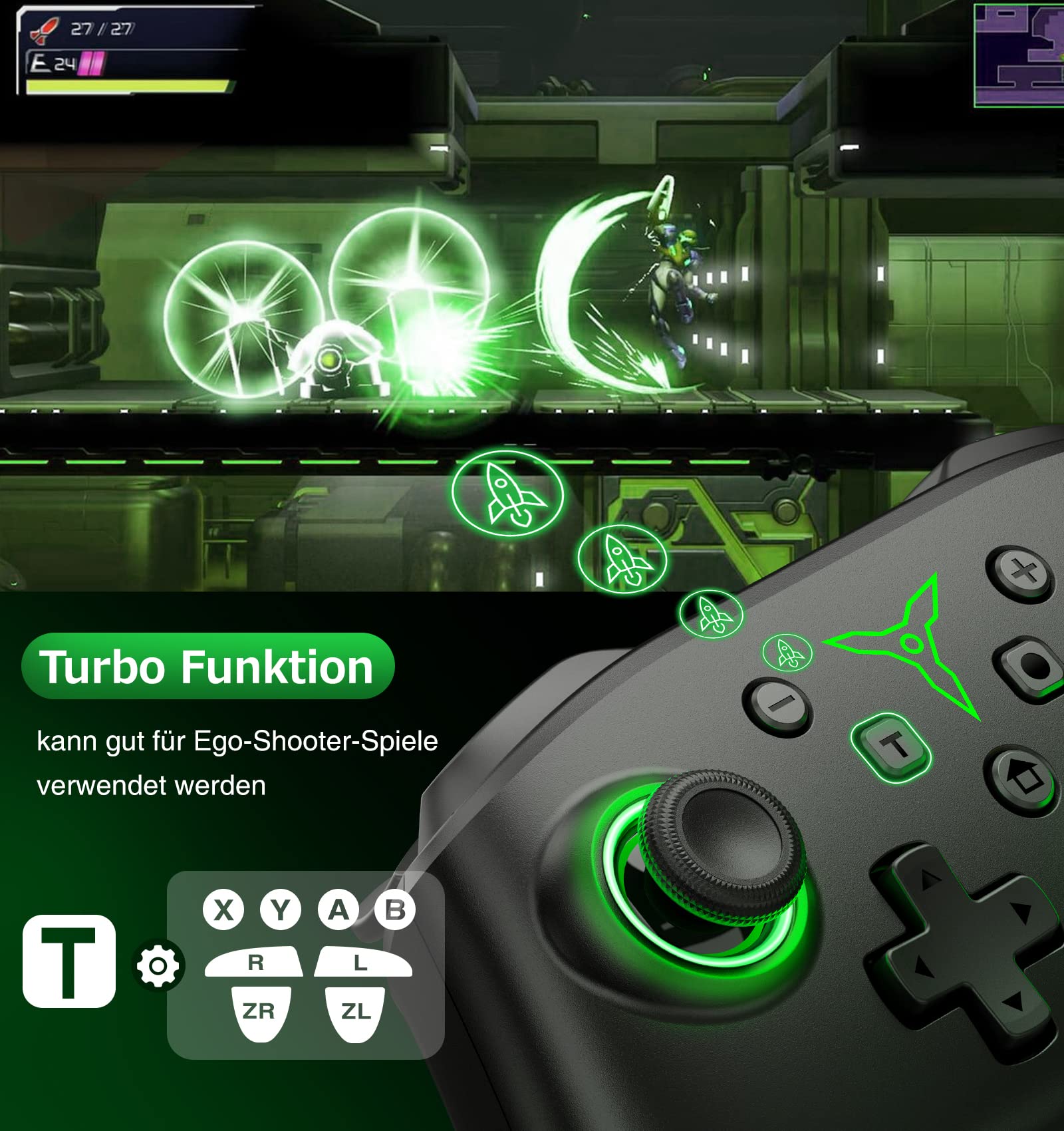 HELLCOOL Switch Controller, Wireless Controller Switch mit Präzise Bewegungssteuerung/Dual Vibration/Turbo/Macro/Aufweckenfunktion, Cooles LED Licht Switch Controller für Switch/Lite/OLED