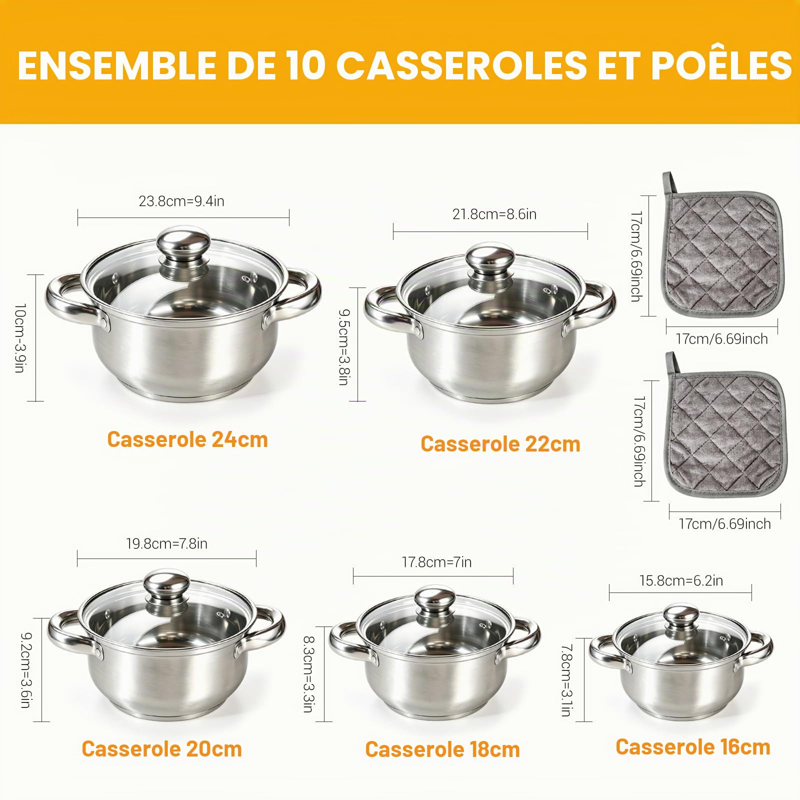 Batterie de Cuisine 5 Pièces Inox, Casseroles Induction | Acier inox 18/0, tout feux dont induction, Poignées ergonomiques anti-brûlure, Couvercles verre trempé, Lave-vaisselle