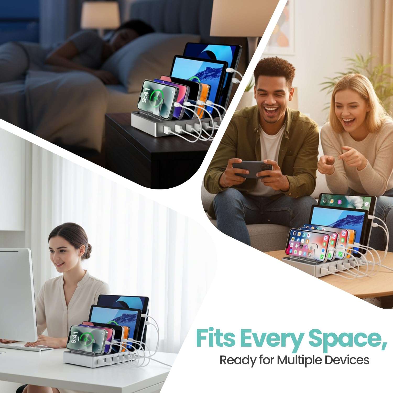 Stacja ładująca do wielu urządzeń, szybkie ładowanie 300 W, 6-portowa stacja ładująca, kompatybilna z iPhone'em, iPadem, tabletami z systemem Android, organizer podróżny do domowego biura