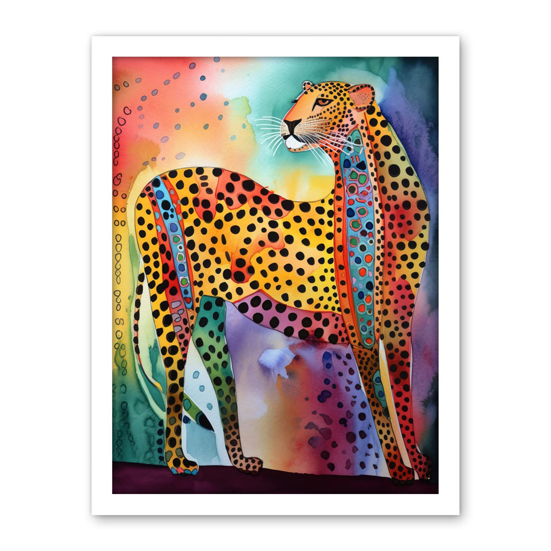 Artery8 Colourful Cheetah Folk Art Watercolour Painting Artwork Framed Wall Art Print 18X24 Inch