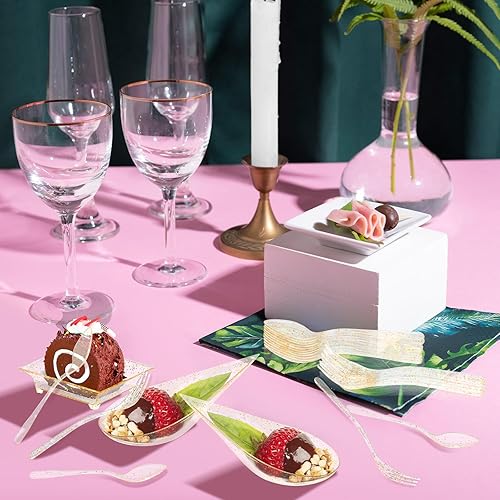 Miniatura 7 de XUWAIDSGN Juego de 100 platos dorados para aperitivos, platos de postre cuadrados y lágrimas con tenedores y cucharas, bandeja para servir