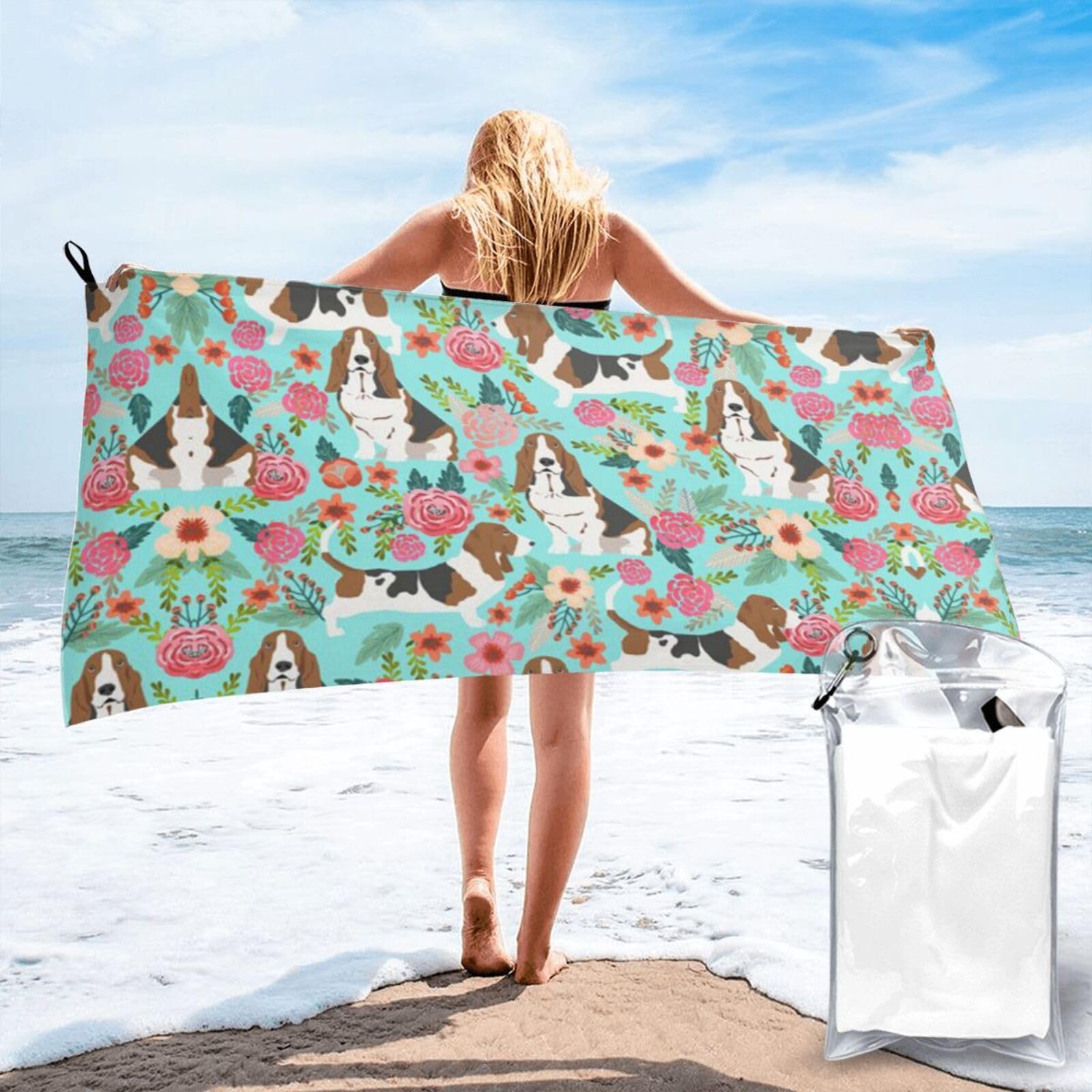 Serviette de plage Basset Hound compacte et idéale pour le camping et le sport