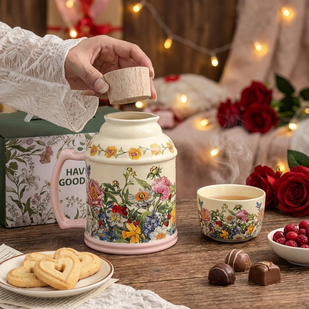 600ml Floral Ceramic Teapot, Blooming Design Porcelain Tea Kettle (Pink) | 600ml Perfect Capacity,Premium Heat Retention,Porcelain Hot Water Kettle with Handle