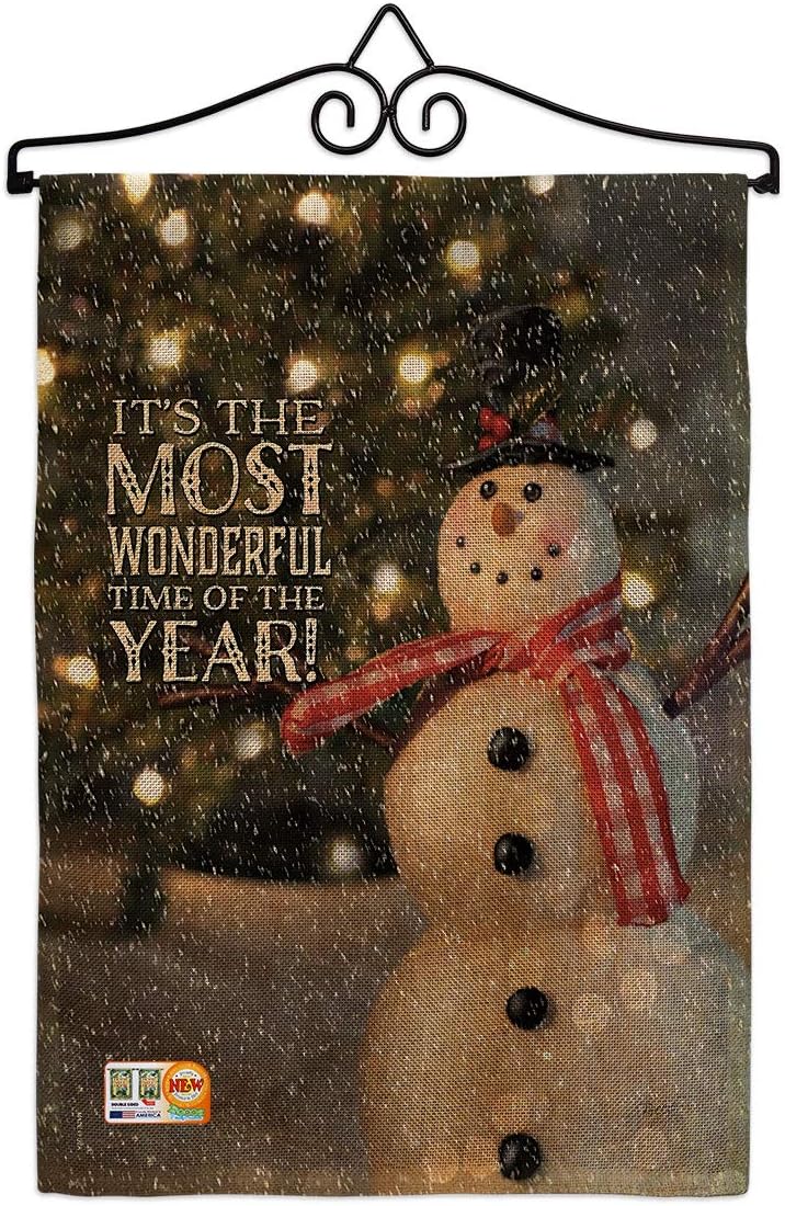 Most Wonderful Time Snowman Garden Flag Set Wall Holder Wintertime Winter Wonderland Snowflake Ice Skate Season Snow Small Decorative Gift Yard House Banner Made In USA 13 X 18.5
