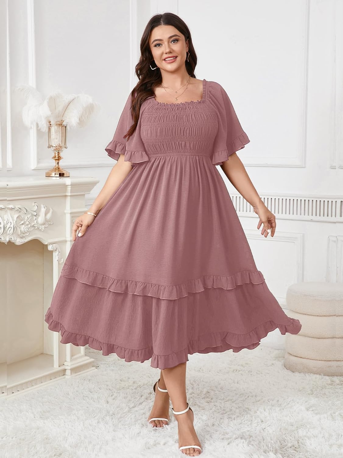 SCOMCHIC Women's Plus Size Maxi Dresses Summer Short Sleeve Square Neck Smocked Wedding Guest Cocktail Boho Long Dress - Image 3