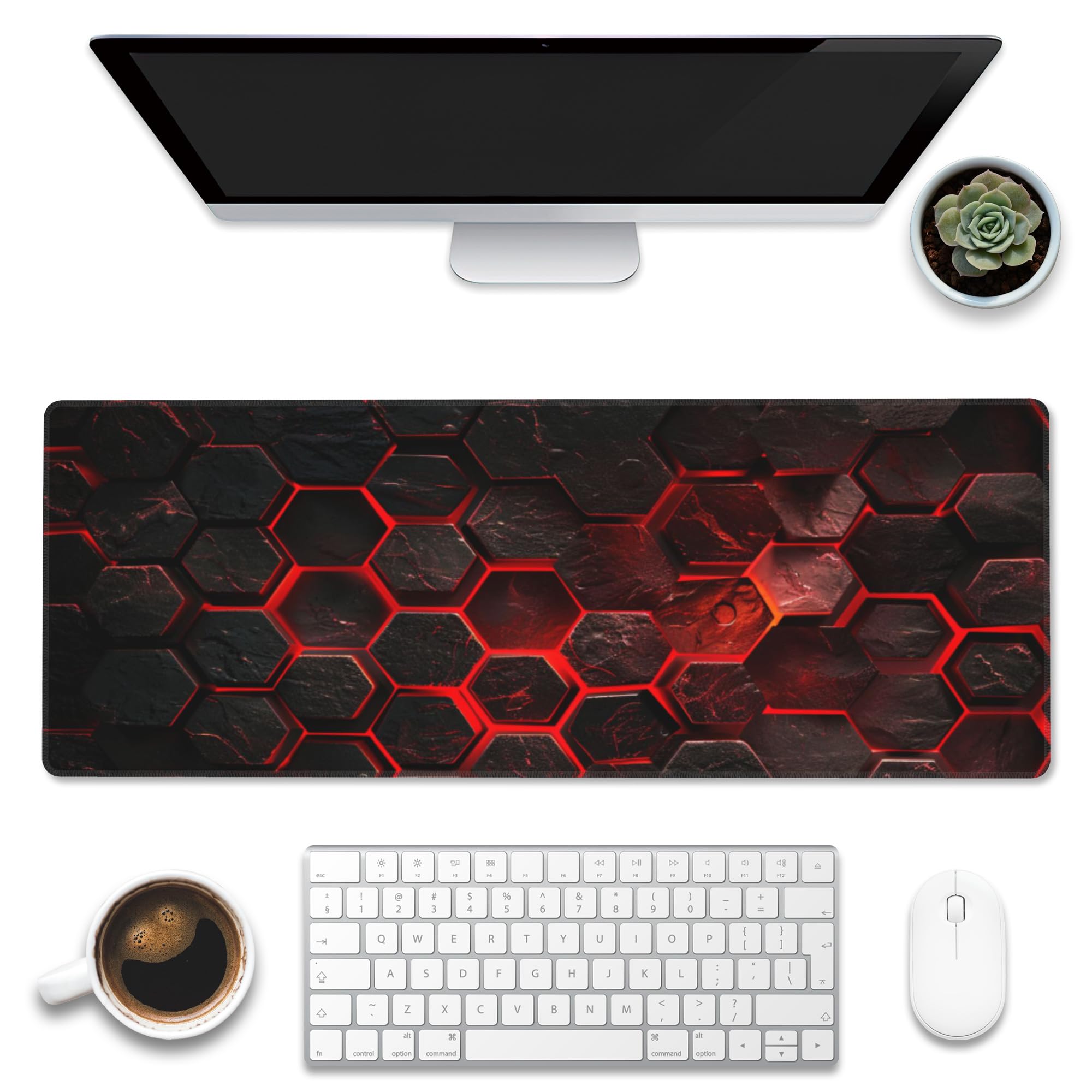 Large Gaming Mouse Pad for Desk,Red Honeycomb Science Technology Desk Mat,Honeycomb Hexagon Desk Pad,Extended Big Computer Keyboard Mouse Pad with