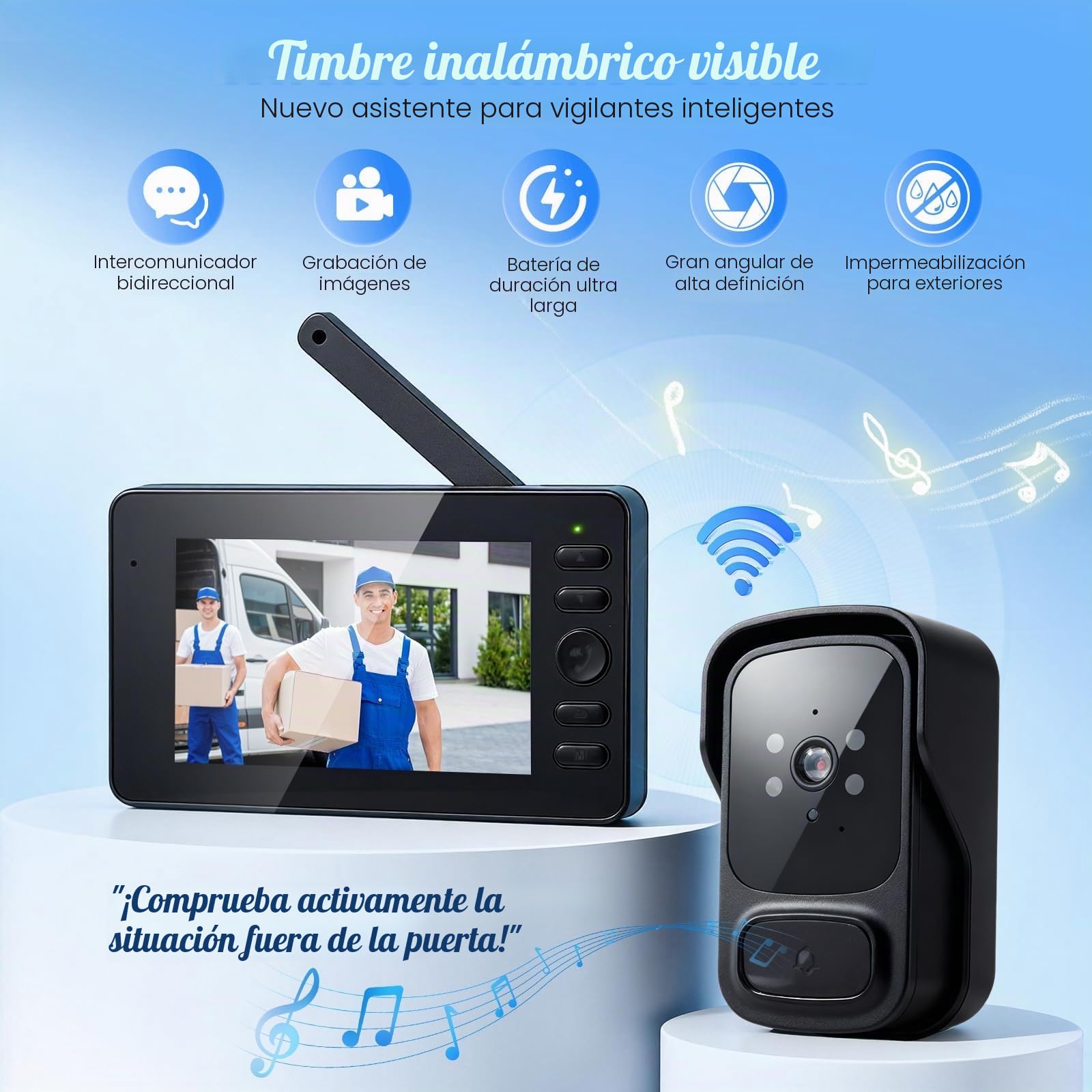 Timbre Inalámbrico Exterior Impermeable con Cámara 1080P y Pantalla 4.3" IPS – Videoportero Inalámbrico Visión Nocturna Audio Bidireccional IP65