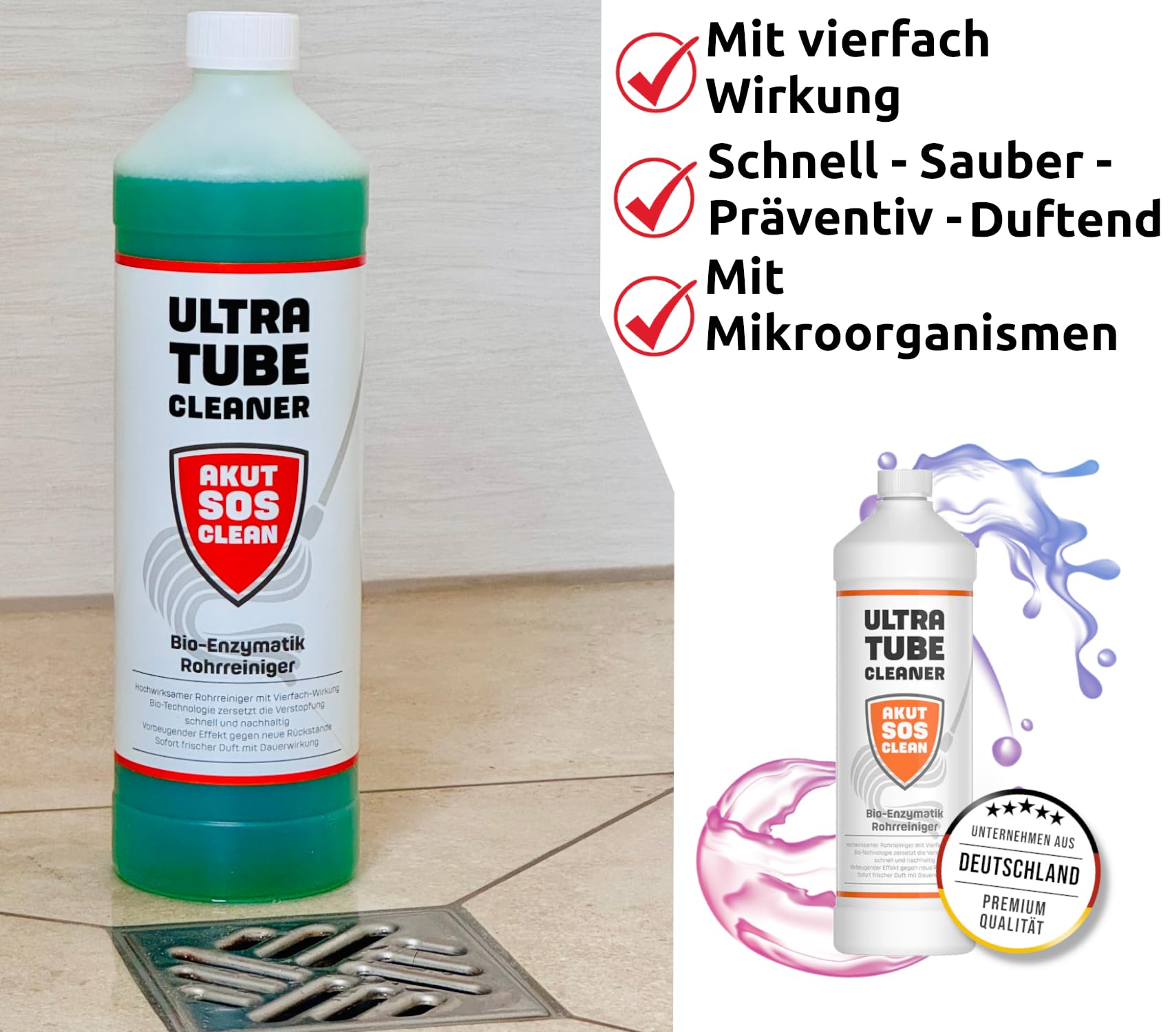 Akut SOS Clean ULTRA TUBE CLEANER Bio Enzym Rohrreiniger | biologisch abbaubarer Rohrreiniger | BIO Rohrreiniger | Bio Reiniger mit Mikroorganismen zertetzt Fette & Öle 1L