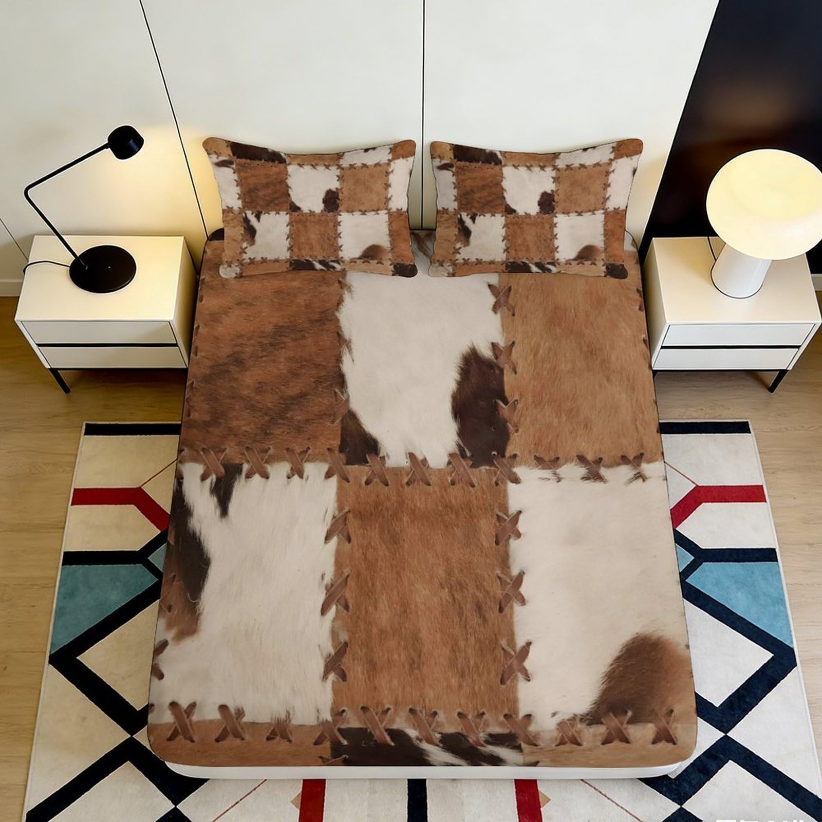 3D Printed Brown Patchwork Fitted Sheet Microfiber Soft Durable Cowhide Pattern Bed Cover for Bedroom Dormitory Guest Room Mattress Protection 140x200x25cm