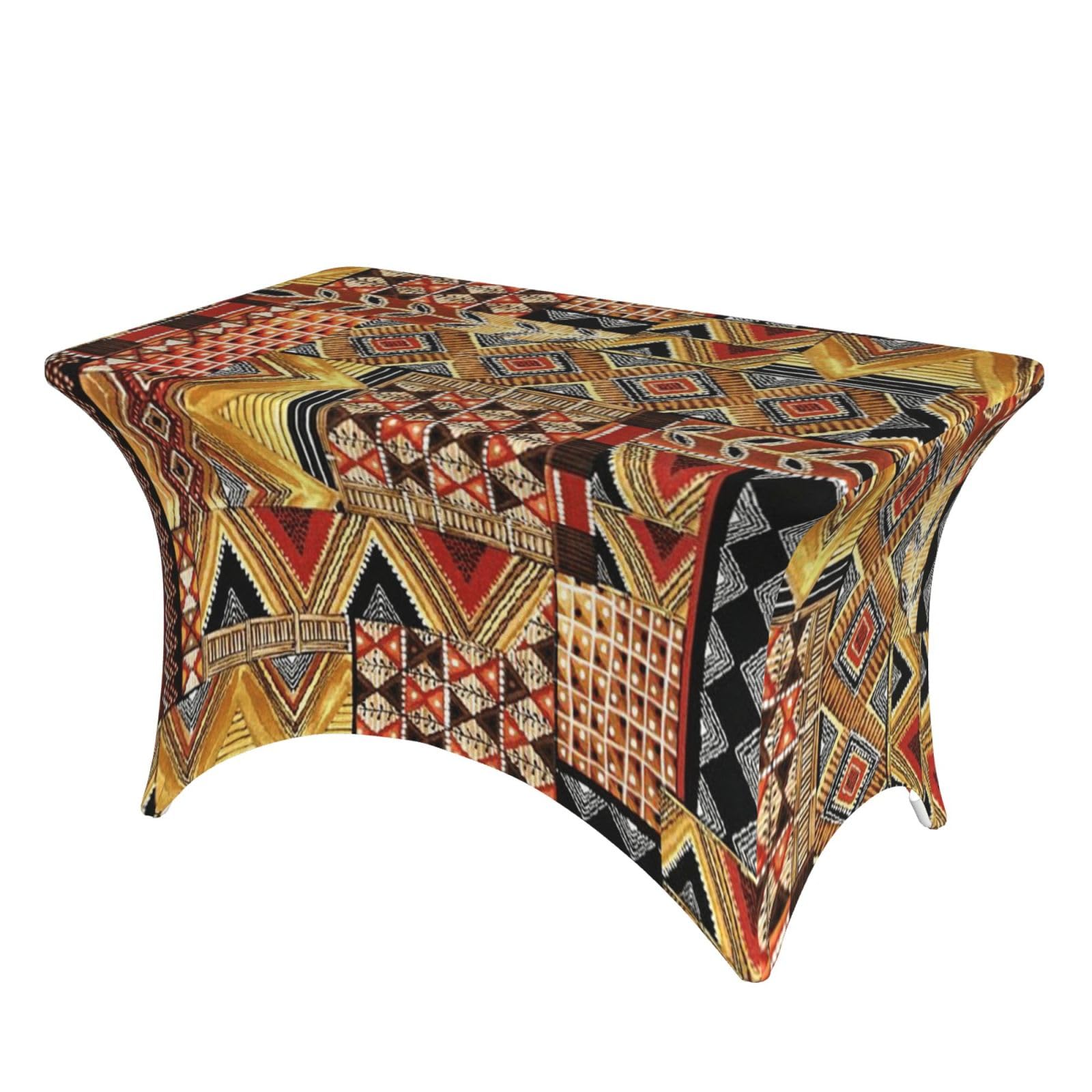 Dcehgew African Textile Patchwork 4Ft Spandex Rectangular Table Cloth, Printed Fitted Elastic Tablecloths Washable Table Cover For Event, Wedding, Banquet & Party