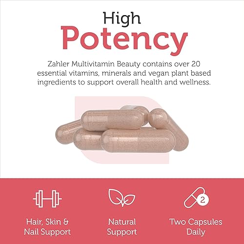 Miniatura 6 de Zahler Multivitamin Beauty + Skin Hair and Nails Support, multivitamínico para mujeres y hombres con hierro, certificado Kosher, 60 cápsulas