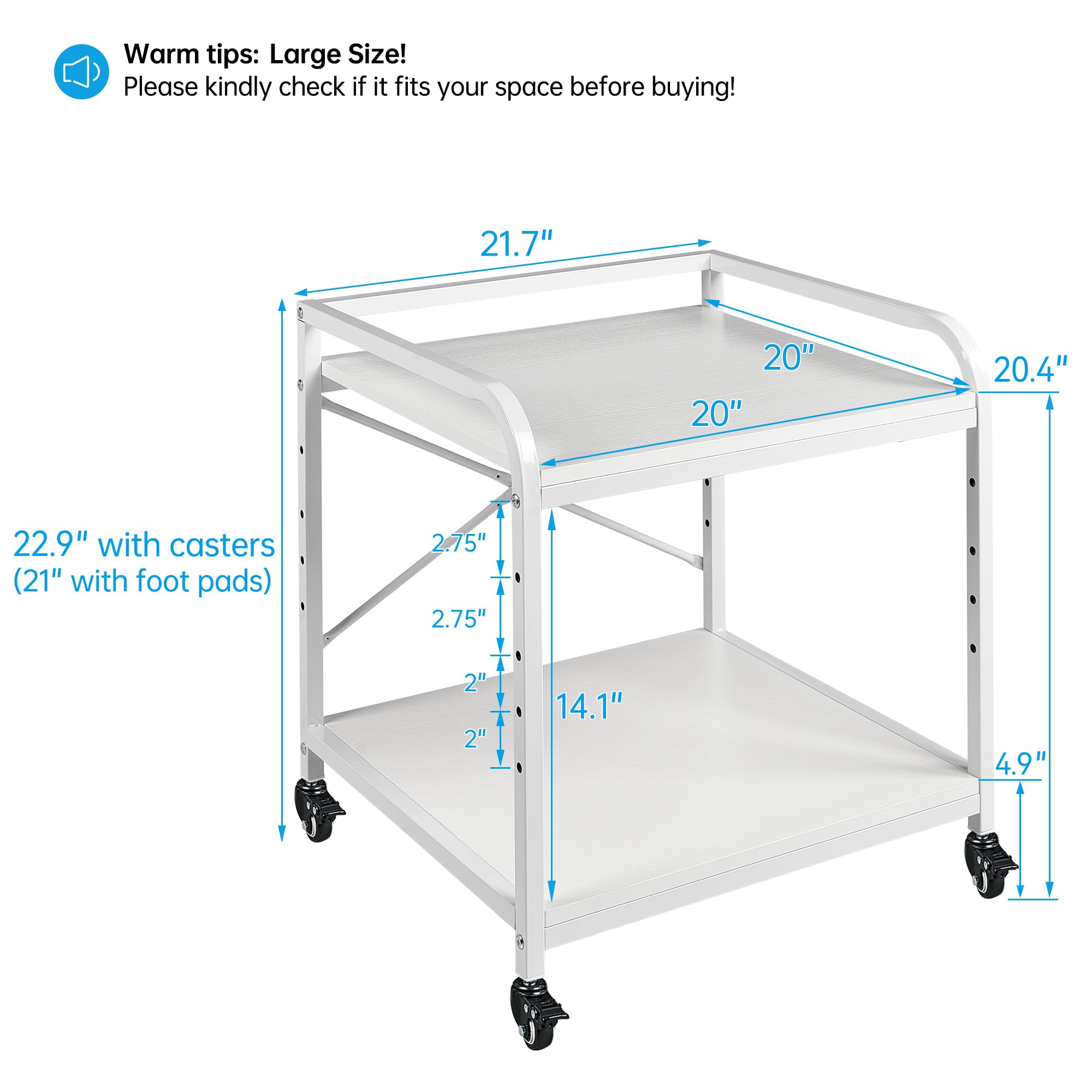Fannova Soporte de impresora grande de 20 pulgadas de profundidad, mesa de impresora de 2 niveles debajo del escritorio con estante ajustable en altura, carrito de impresora rodante de 2 niveles con