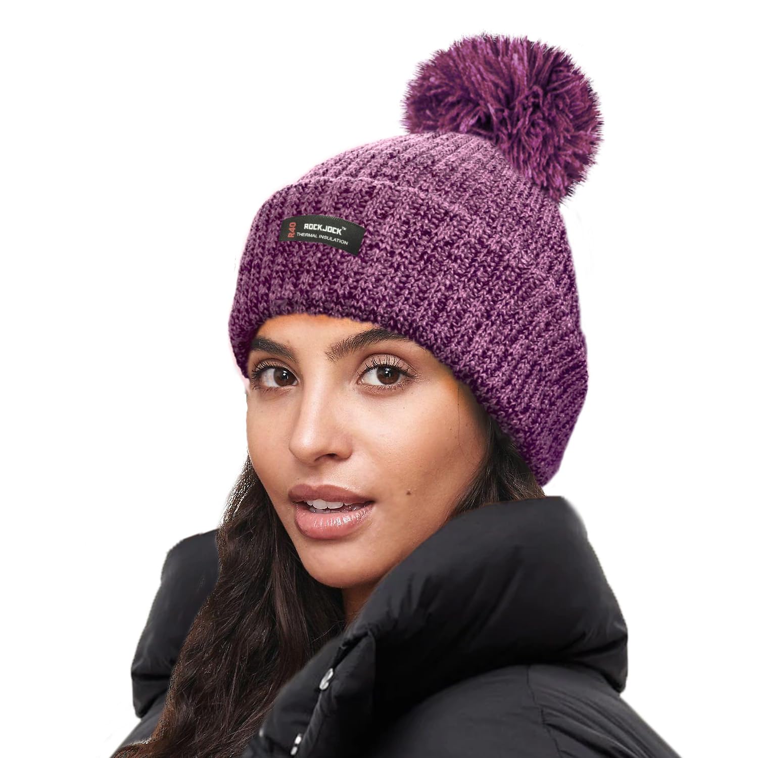 RockJock R40 Thermal Insulation Ladies Marl Melange Bobble Hat with Fleece Lining-Purple