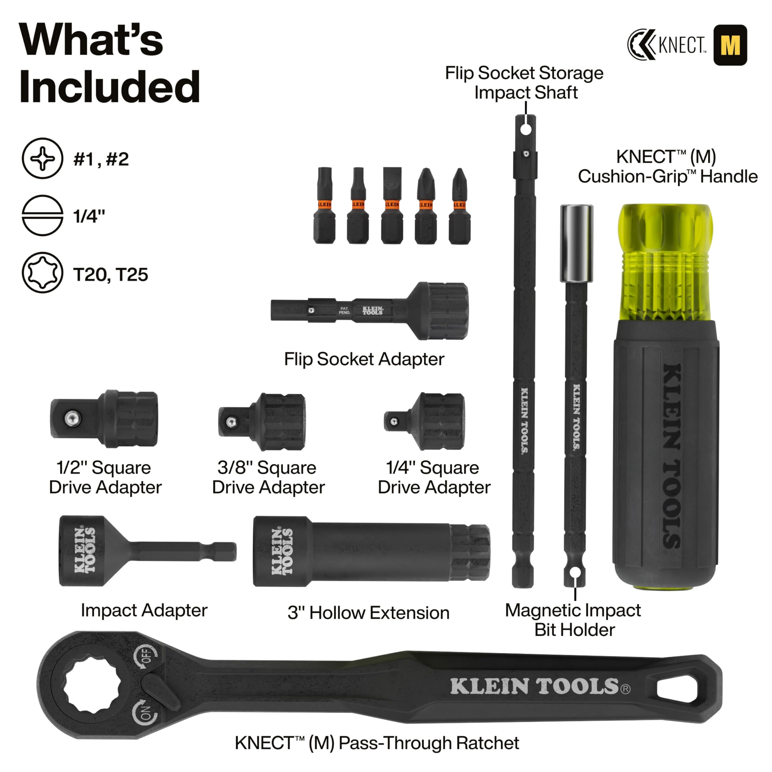 Klein Tools 65500KNECT KNECT Set completo di bussole a percussione e flip con cricchetto a 90 denti, custodia MODbox, SAE, metrica, impugnatura per cacciavite, punte, 39 pezzi