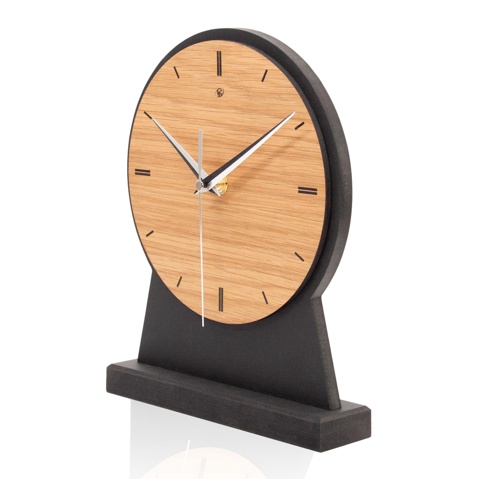 Kreative Feder Standuhr „Timeless Brown“ aus Holz – klassisch runde Tisch-Uhr ohne Ticken; Größe ca. 38,5x20x8,5cm (leises Funkuhrwerk)